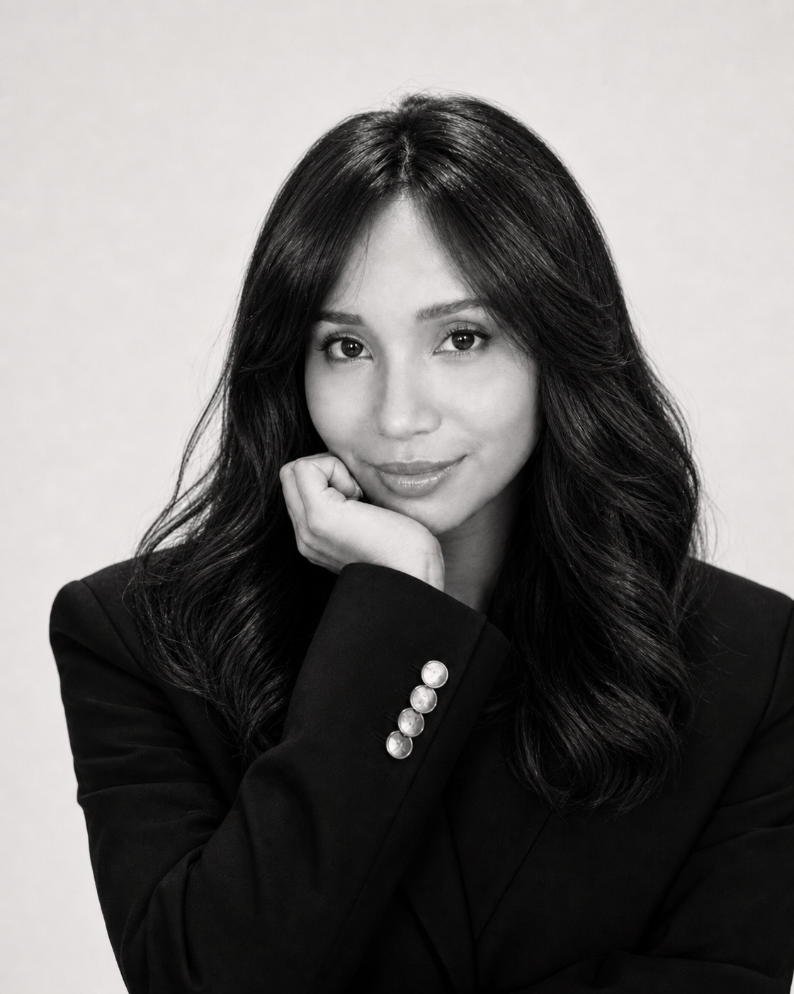 Black and white portrait of a woman with long dark hair, resting her chin on her hand, wearing a dark blazer with pearls on the sleeve.