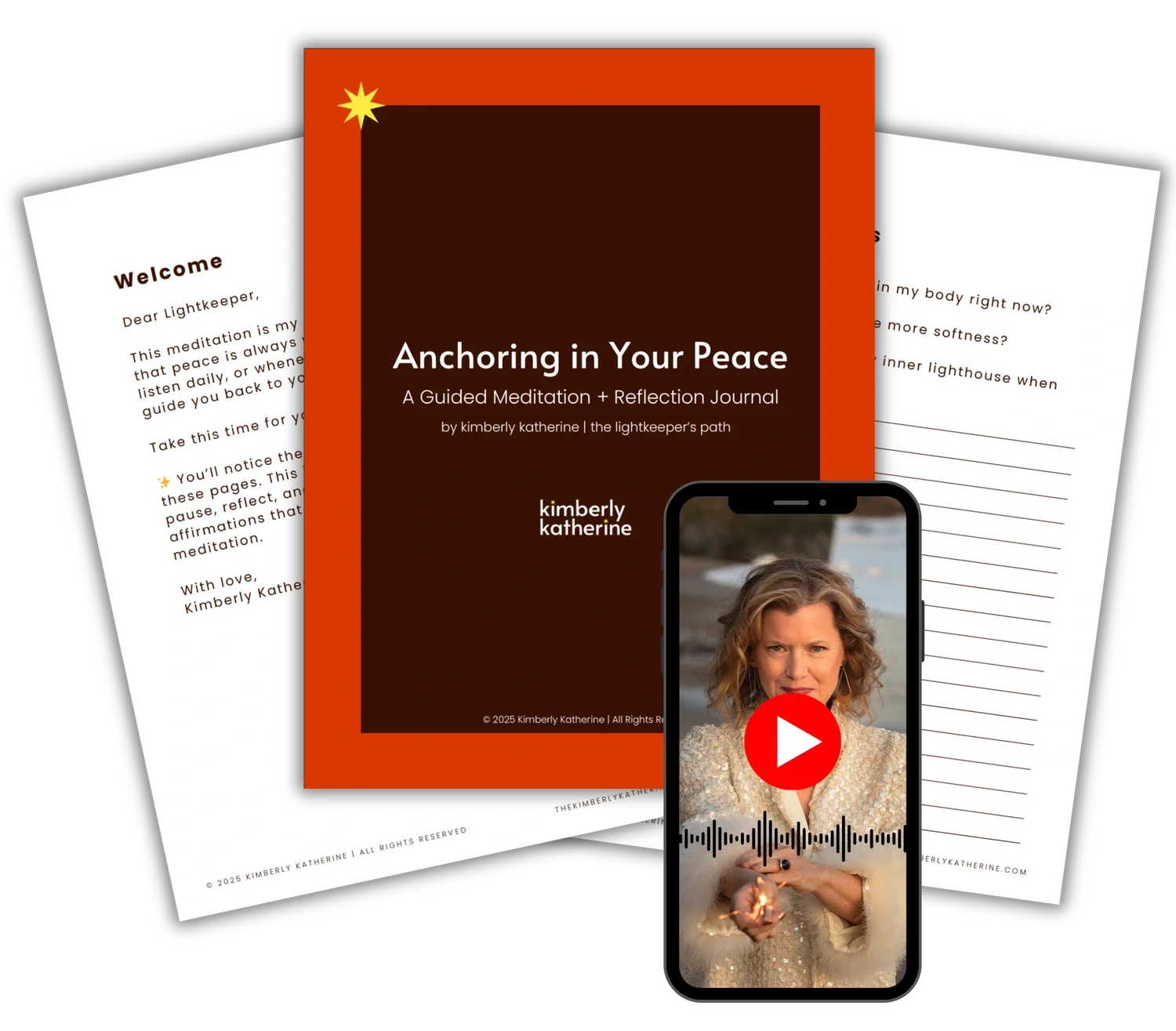 A digital image of a book titled "Anchoring in Your Peace," a guided meditation and reflection journal by Kimberly Katherine, with two sheets of lined paper behind it, and a smartphone displaying a video call with a woman. The background is black.