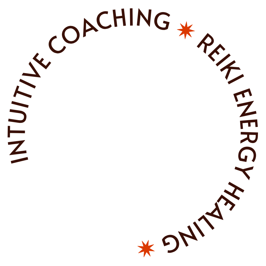 Circular text reading 'Innovative coaching, Reiki energy healing' with orange asterisks at the top and bottom.