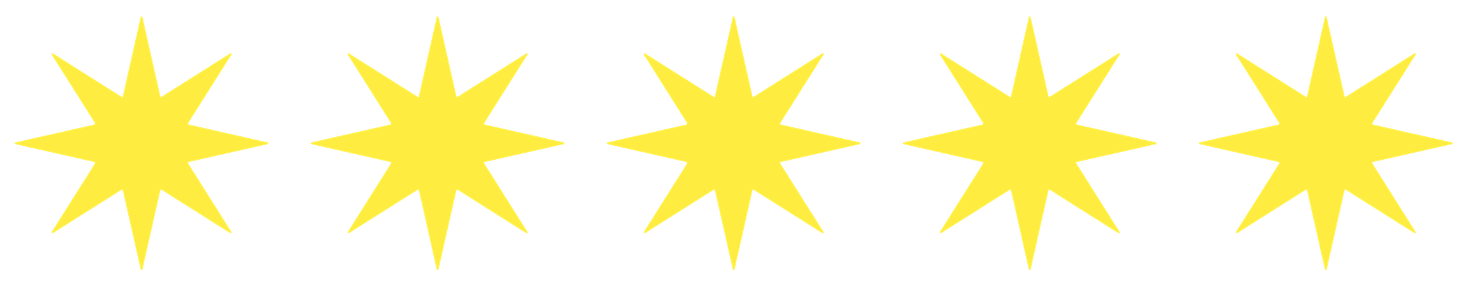Six yellow star shapes aligned horizontally against a black background.