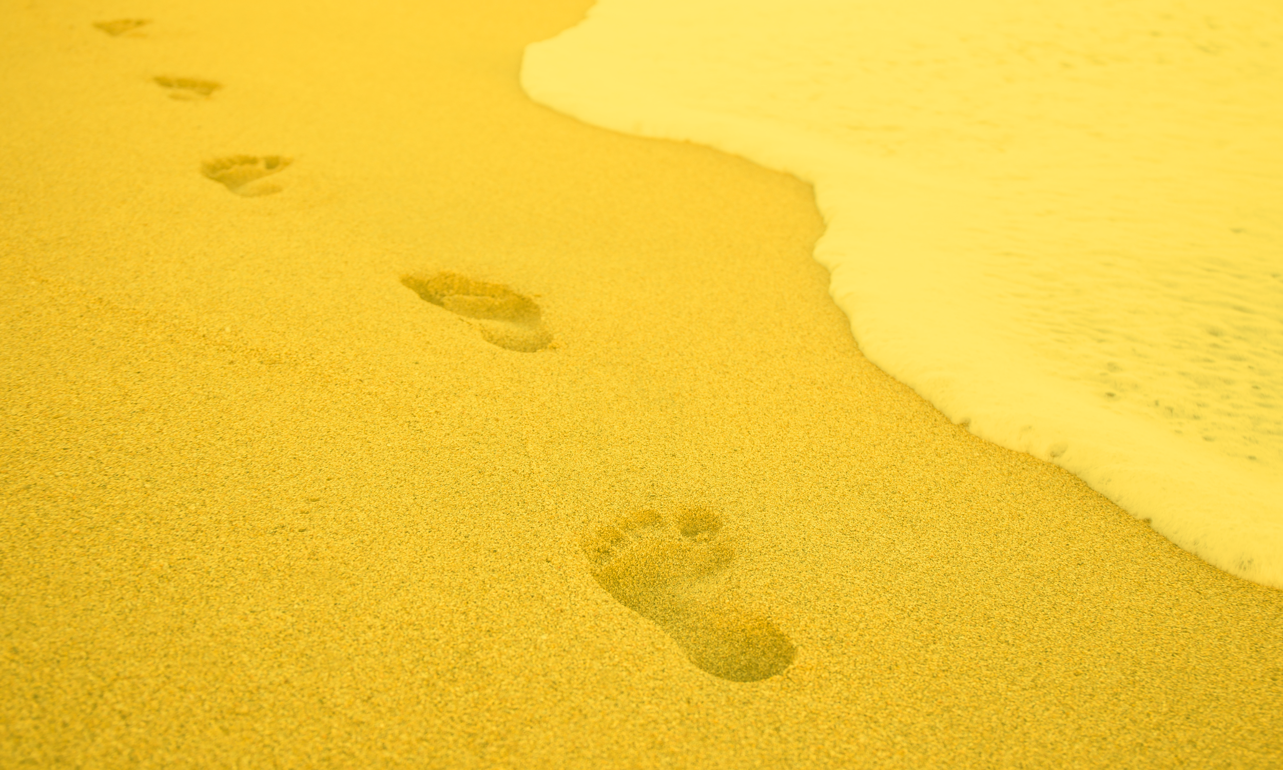 Footprints in yellow sand near water's edge at the beach.