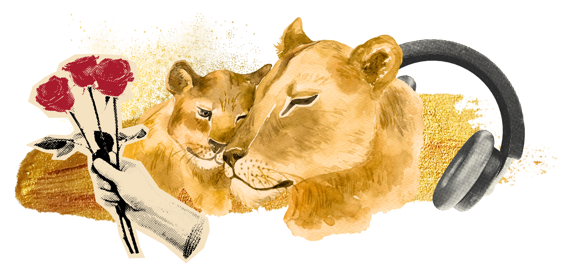 lioness collage with roses and headphones symbolizing nurturing strength, intuition, and listening