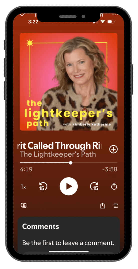 A smartphone screen displaying a podcast titled "The Lightkeeper's Path" hosted by Kimberly Katherine. The cover features a woman with curly blonde hair, wearing a leopard print top, against a pink background with a yellow star and border design. Some of the screen shows playback controls, a comments section, and an orange background around the podcast details.