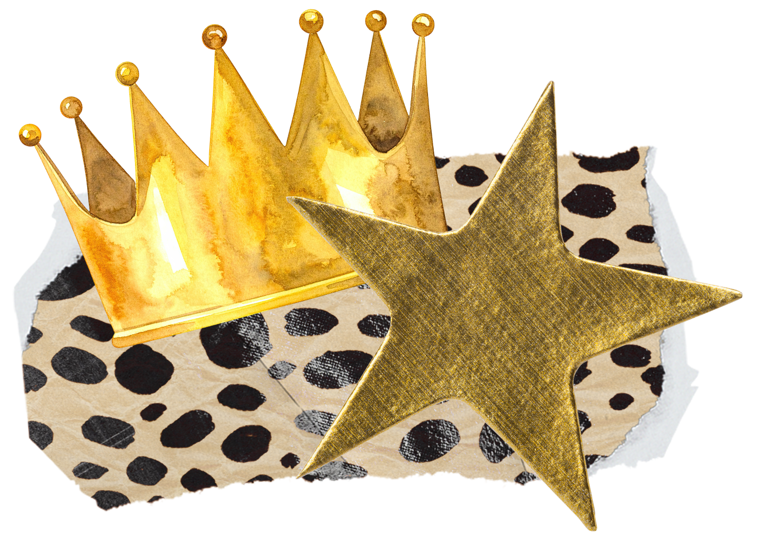 Gold paper crown, gold star, and leopard print paper on black background.