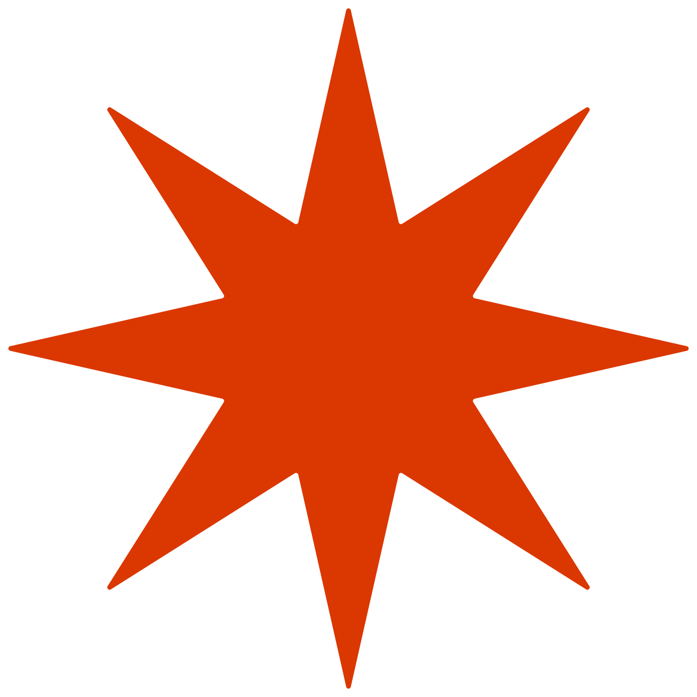 A large orange starburst shape with eight points, set against a black background.