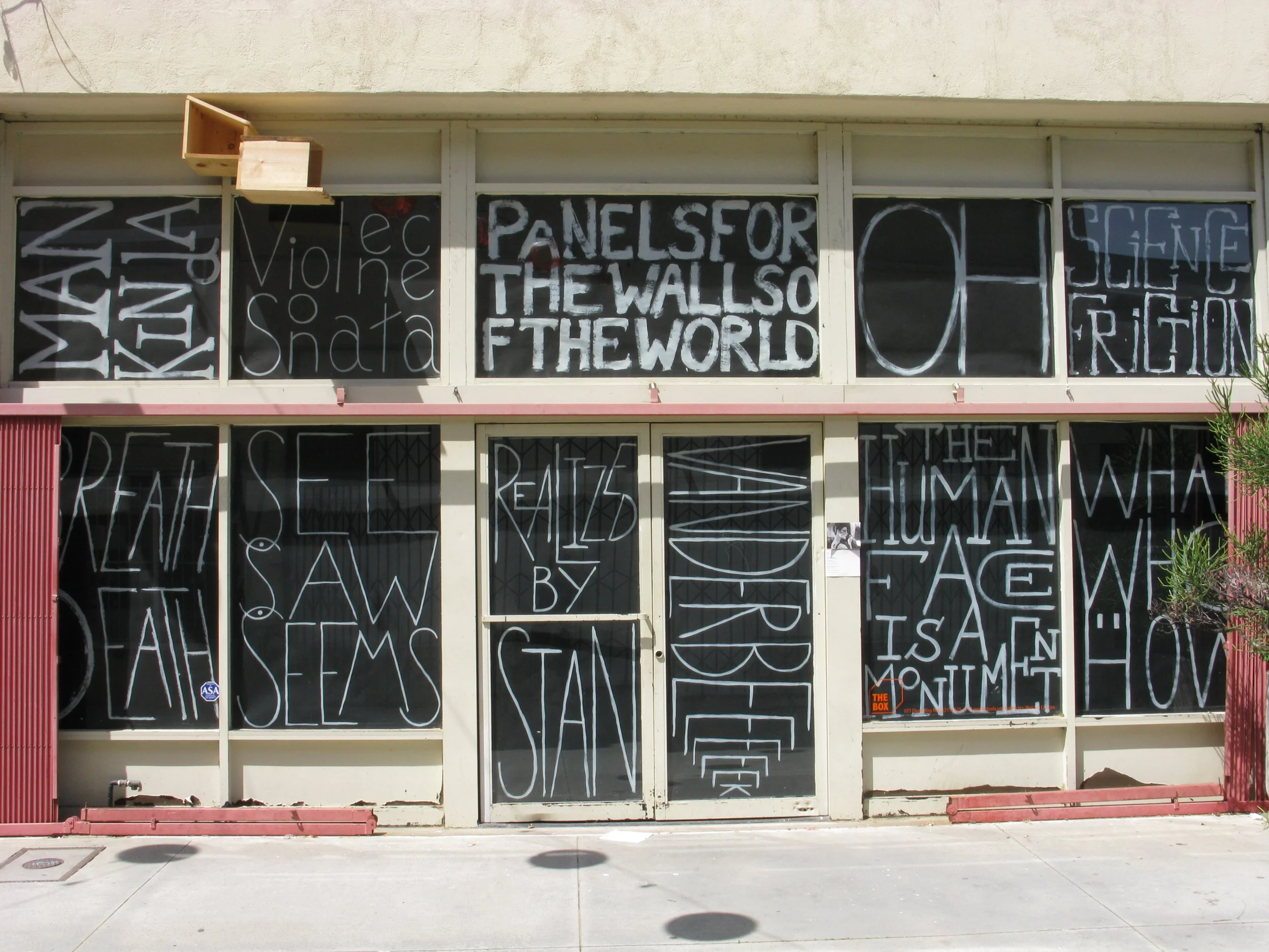  Johannes VanDerBeek's painted window display of Stan VanDerBeek film titles 2009 Exterior View of The Box Photo: Fredrik Nilsen 