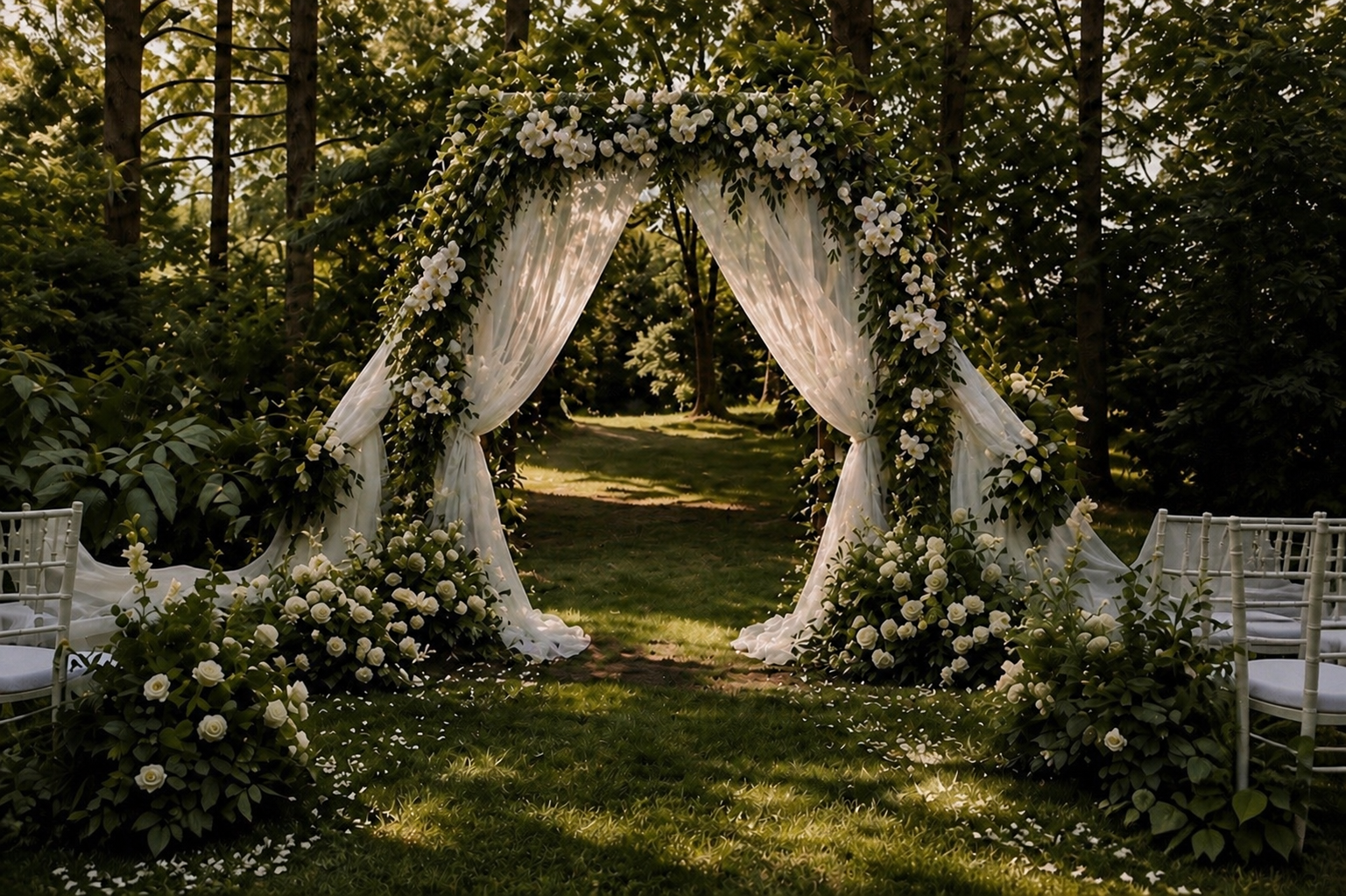 An outdoor wedding arch decorated with white flowers and sheer white fabric, set in a lush forest clearing.