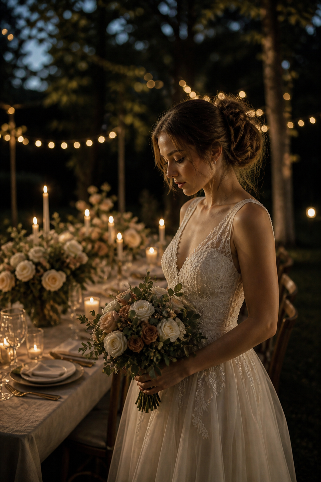 A bride in a wedding dress holding a bouquet of flowers at an outdoor wedding reception during evening, illuminated by string lights and candles with a table set for dinner in the background.