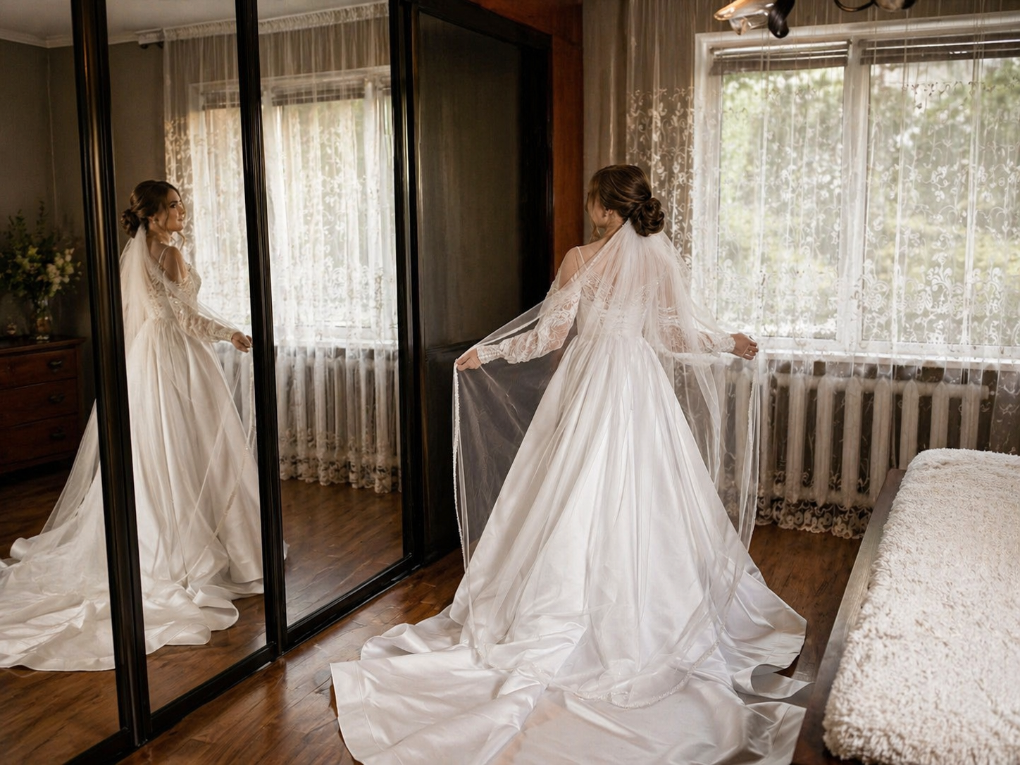A bride in a wedding dress standing in a bedroom, looking at her reflection in a mirror. She is holding the edges of her veil, with lace details on her dress, and has her hair styled in an updo. The room has lace curtains, wooden floors, and a closet with mirrored doors.