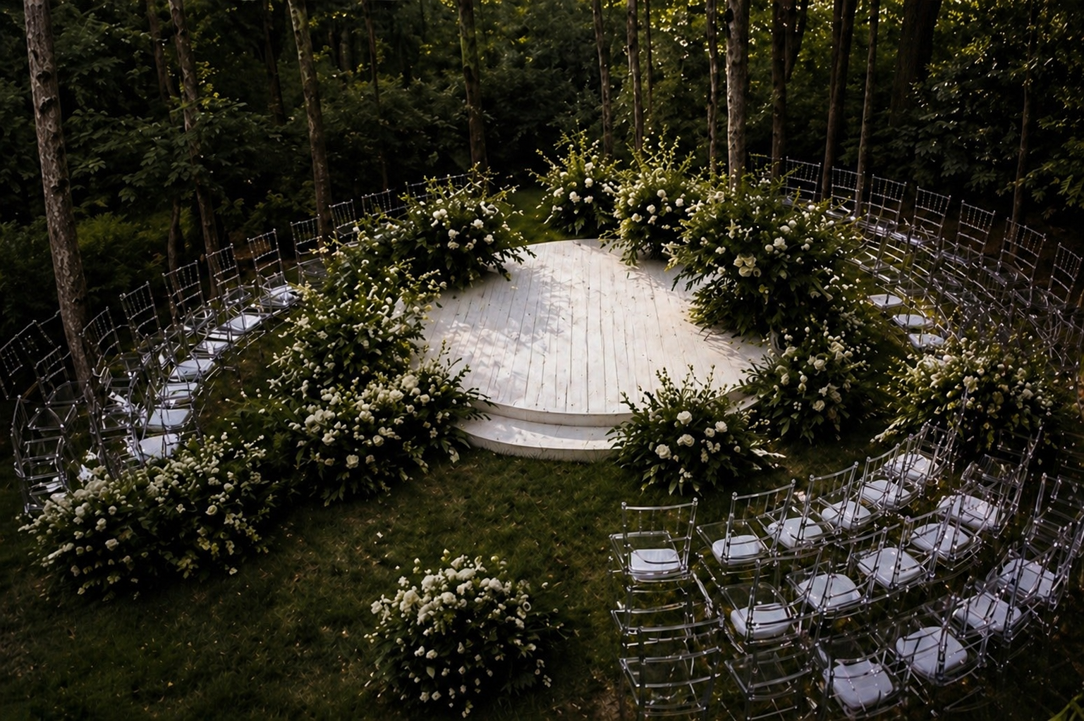 Circular outdoor wedding altar decorated with large green and white floral arrangements, surrounded by transparent chairs with white cushions, set on a grassy area in a wooded environment.