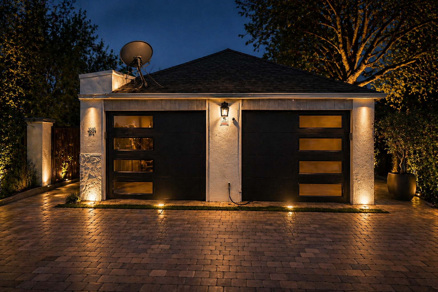 A modern garage with two black doors, illuminated by exterior lights during dusk. There's a satellite dish on the roof, and the house has a textured white exterior with decorative lighting along the driveway and sides. Trees and shrubbery are visible.
