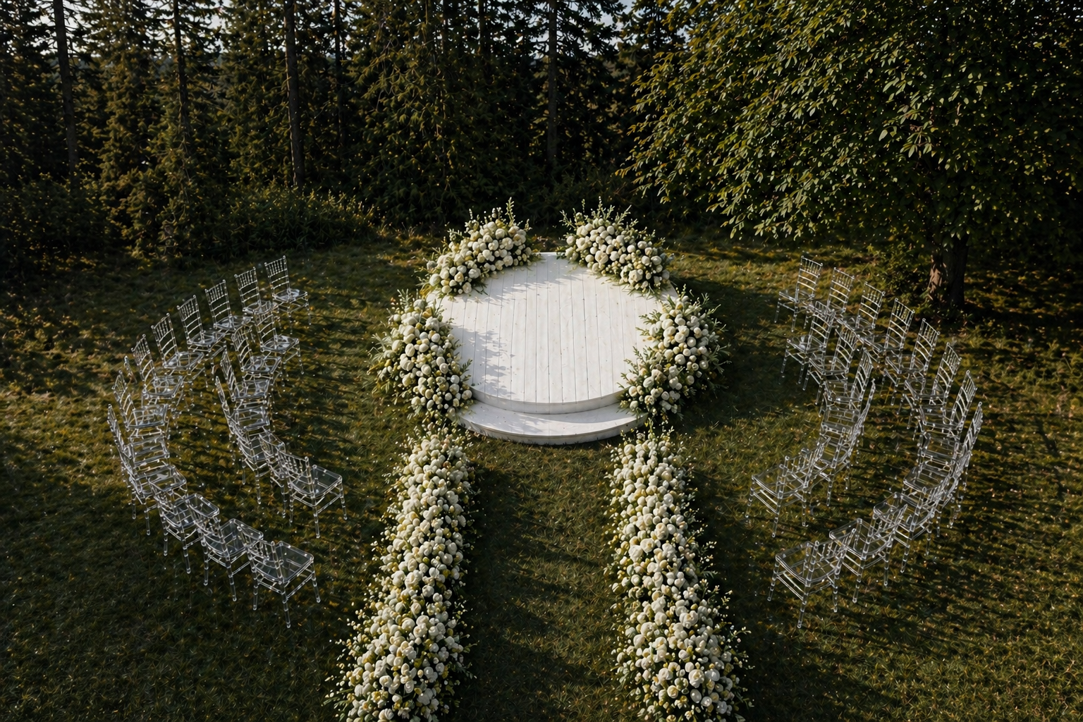 Outdoor wedding ceremony setup with a circular white wooden platform decorated with white flowers, surrounded by clear ghost chairs and lush greenery.