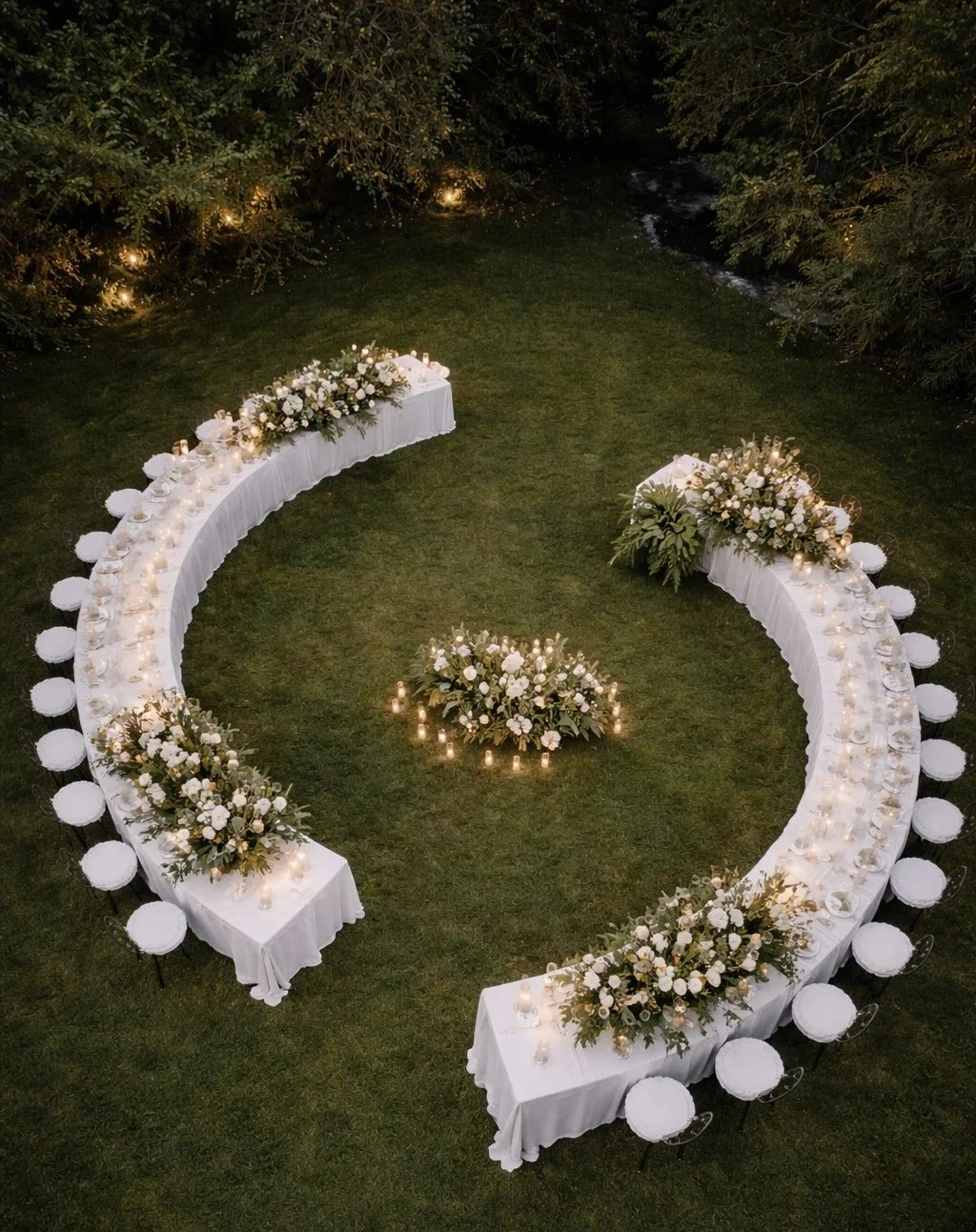 优雅的户外婚礼宴会布置：一张巨大的U形长桌，装饰着白花、蜡烛和灯笼，周围环绕着白色座椅，置于绿草如茵、绿树成荫且灯光柔和的区域。