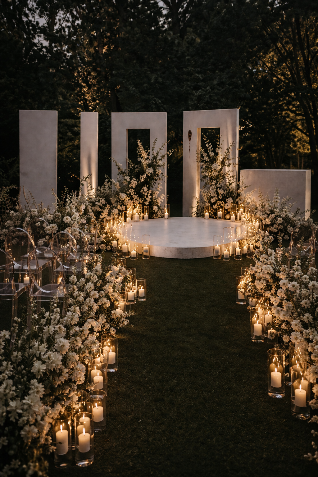 Outdoor wedding altar decorated with white flowers and candles at dusk.