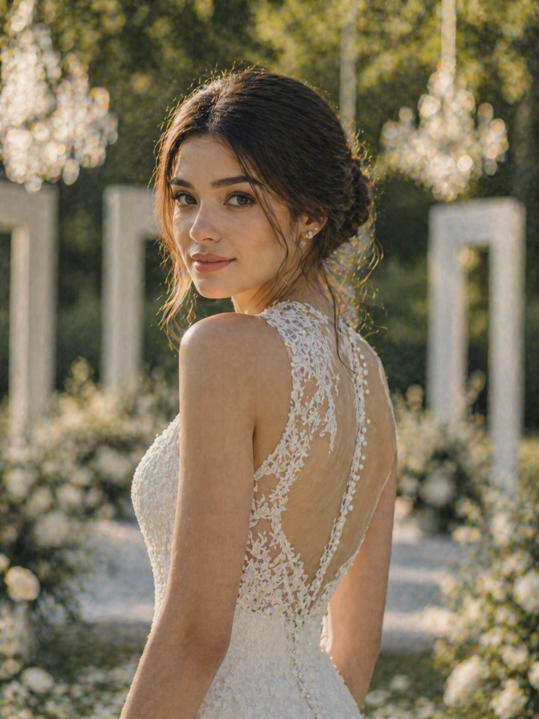 A young woman in a wedding dress with lace details standing outdoors, with sunlight filtering through the trees and floral decorations in the background.