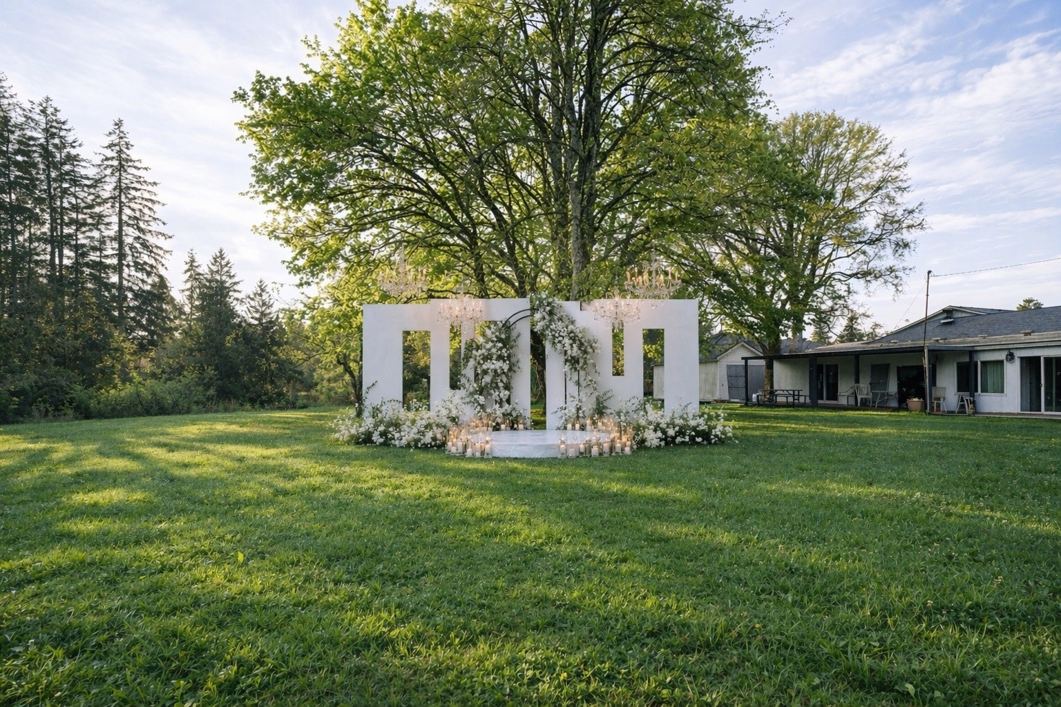 户外婚礼祭坛设在一片绿草如茵的庭院中，背景是一棵参天大树。祭坛由白色几何形面板组成，上面装饰着白花和蜡烛。
