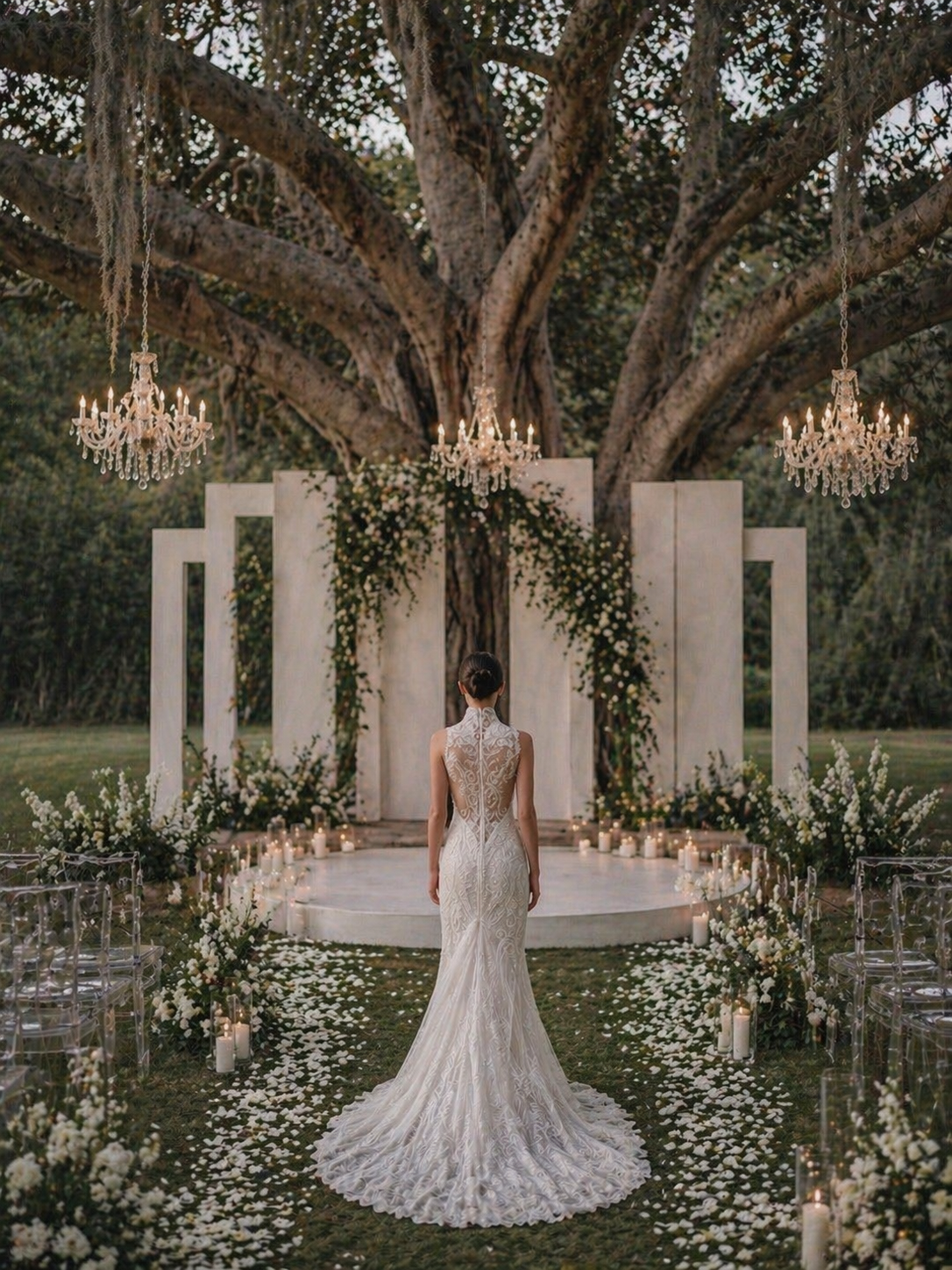 A bride in a detailed white wedding dress standing on a decorated outdoor wedding aisle, facing a large tree with hanging chandeliers and floral arrangements.