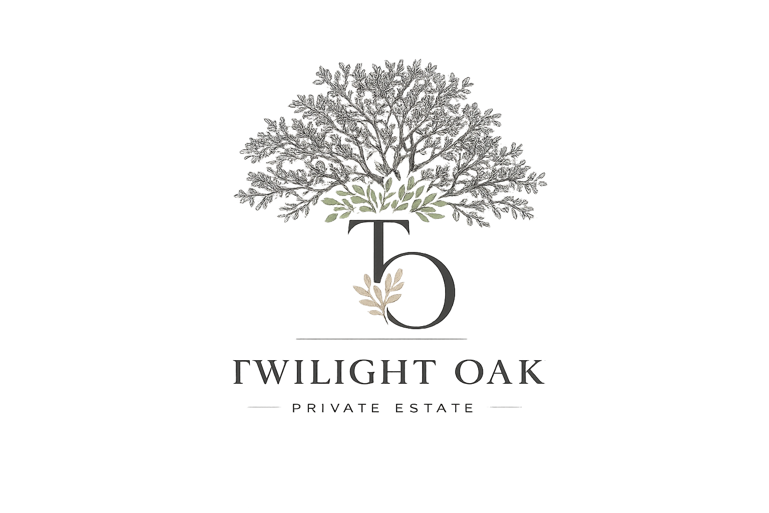 “暮光橡树私人庄园”的标志，设计中包含一棵枝叶繁茂的抽象树，下方标有庄园名称，背景中点缀着色彩斑斓的光带。