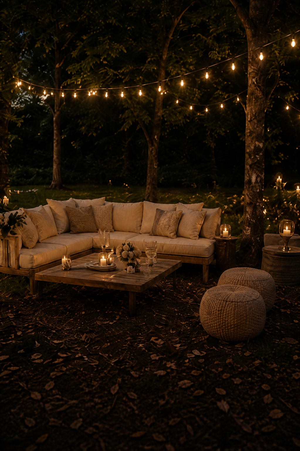 Outdoor nighttime scene with string lights, trees, and cozy seating area including sectional sofa, round ottomans, coffee table with candles and flowers, and surrounding lanterns.