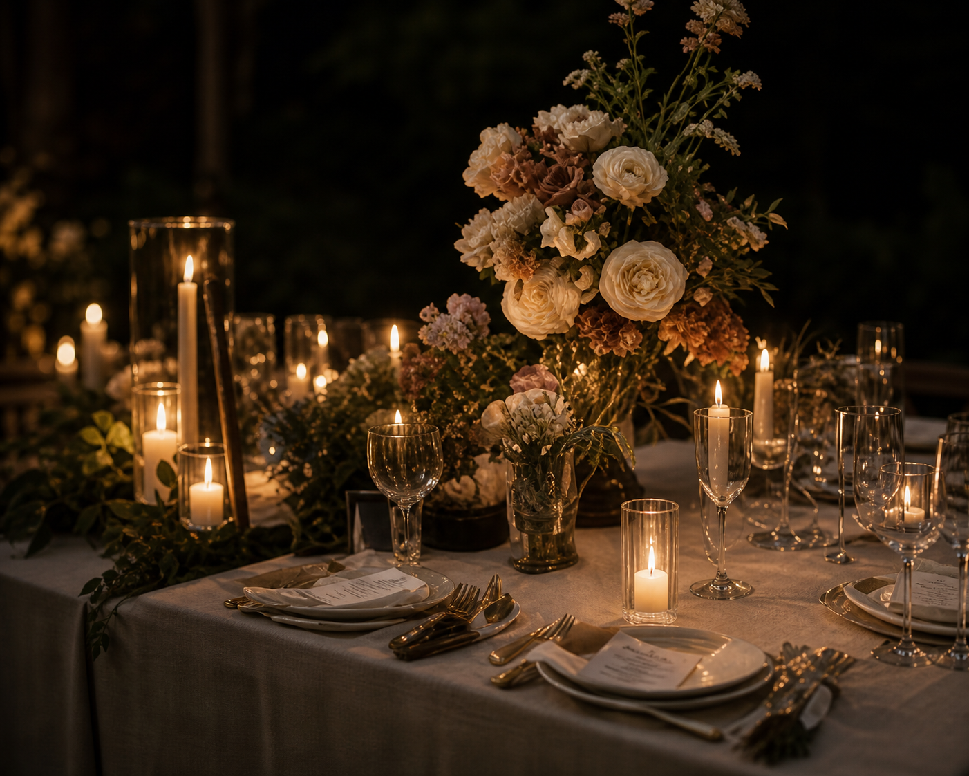 A table decorated for a formal event or wedding with floral arrangements and lit candles in glass holders, set with white plates, gold cutlery, and wine glasses, outdoors at night.