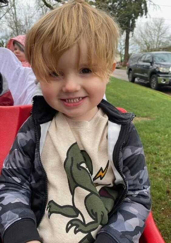 A young boy with blonde hair smiling, sitting outdoors in a red stroller, wearing a beige shirt with a dinosaur graphic and a camouflage jacket, with a grassy area and trees in the background.