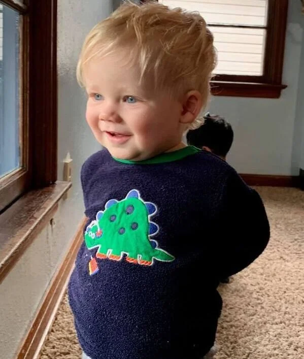 A smiling young child with blonde hair and blue eyes, wearing a navy sweater with a dinosaur patch, standing indoors near a window.