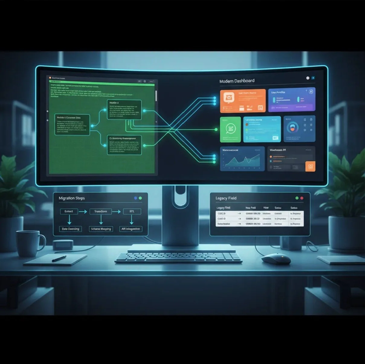 A dual-monitor computer setup on a desk with various digital dashboards and graphs, surrounded by office supplies and plants.