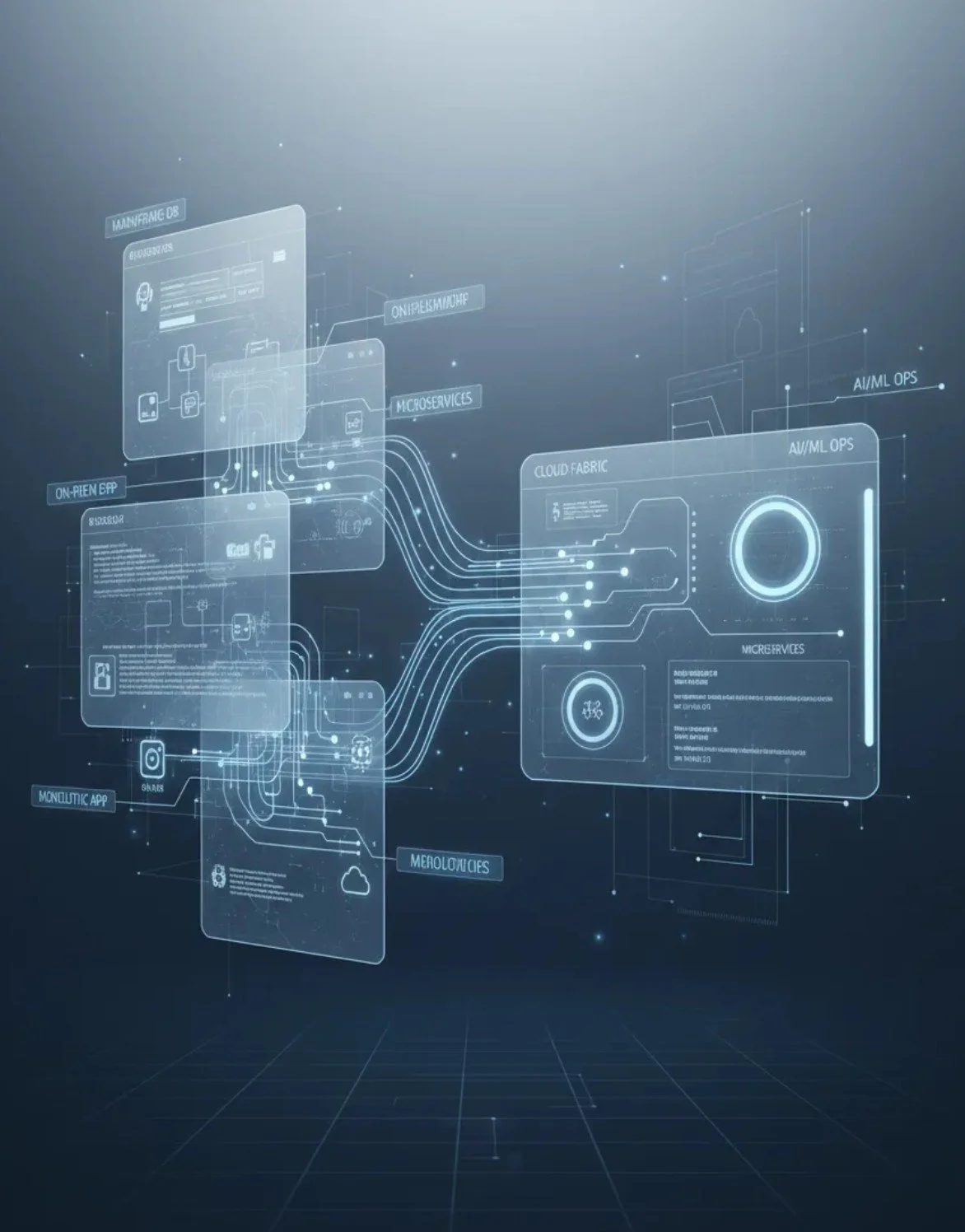 Digital network interface with interconnected screens displaying technological and cloud computing information, data flows, and system labels.