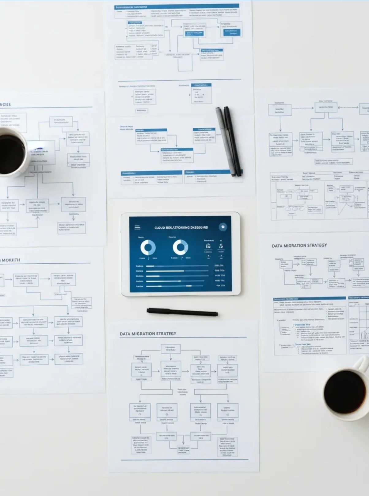 Top-down view of multiple documents with diagrams and flowcharts, with a tablet displaying a dashboard, pens, and cups of coffee on a white surface.