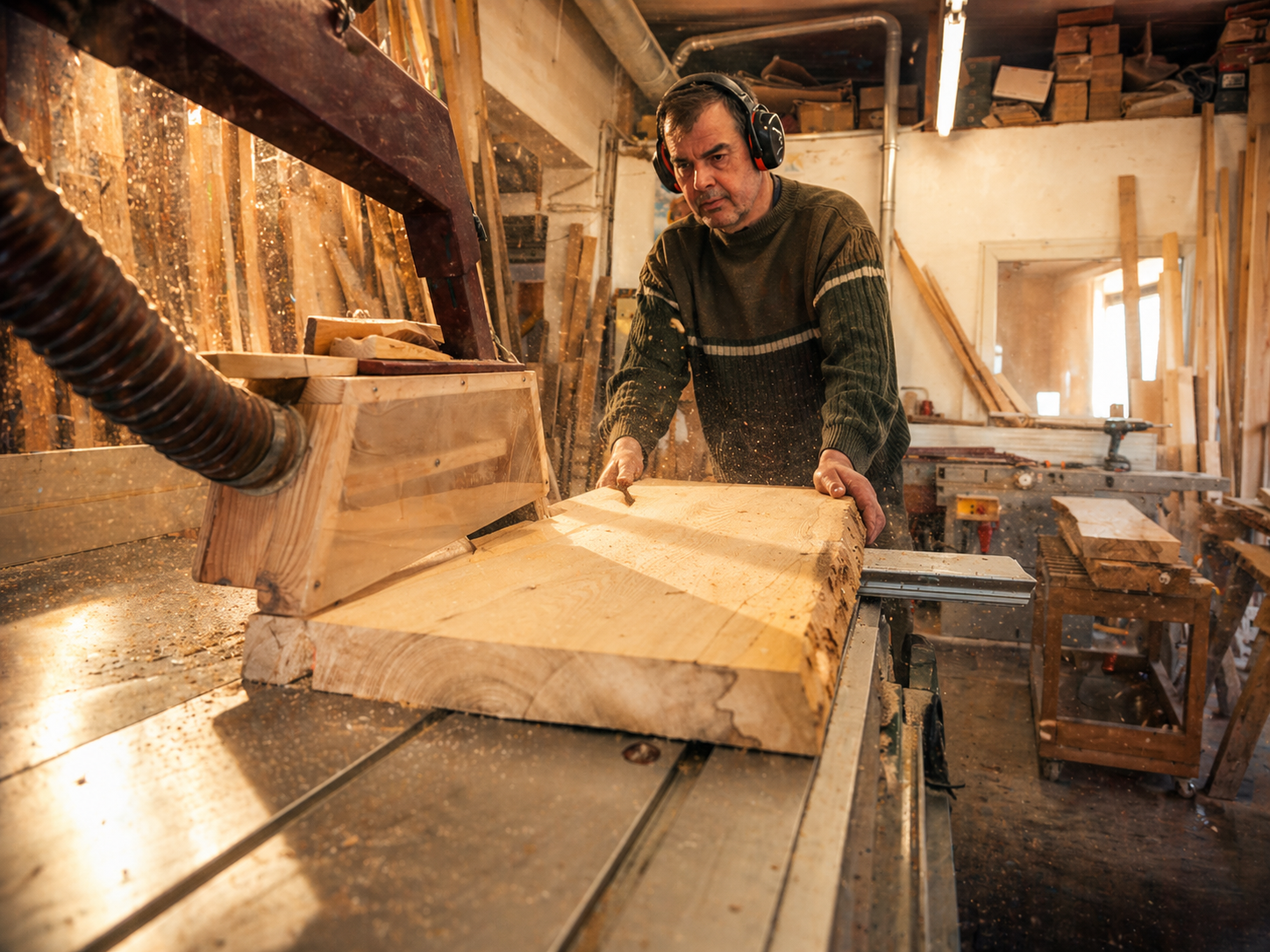 Arbeiten an einer großen Holzplatte in einer Tischlerwerkstatt.