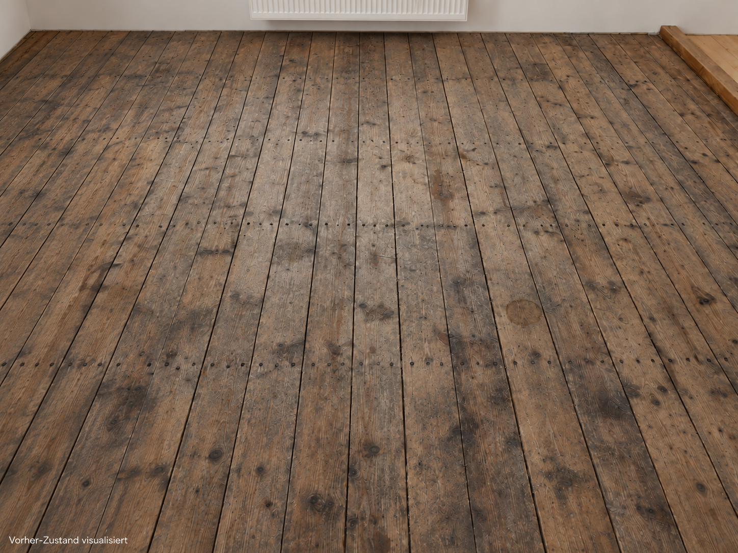 Vorher Vergleich eines alten Holzdielenbodens.