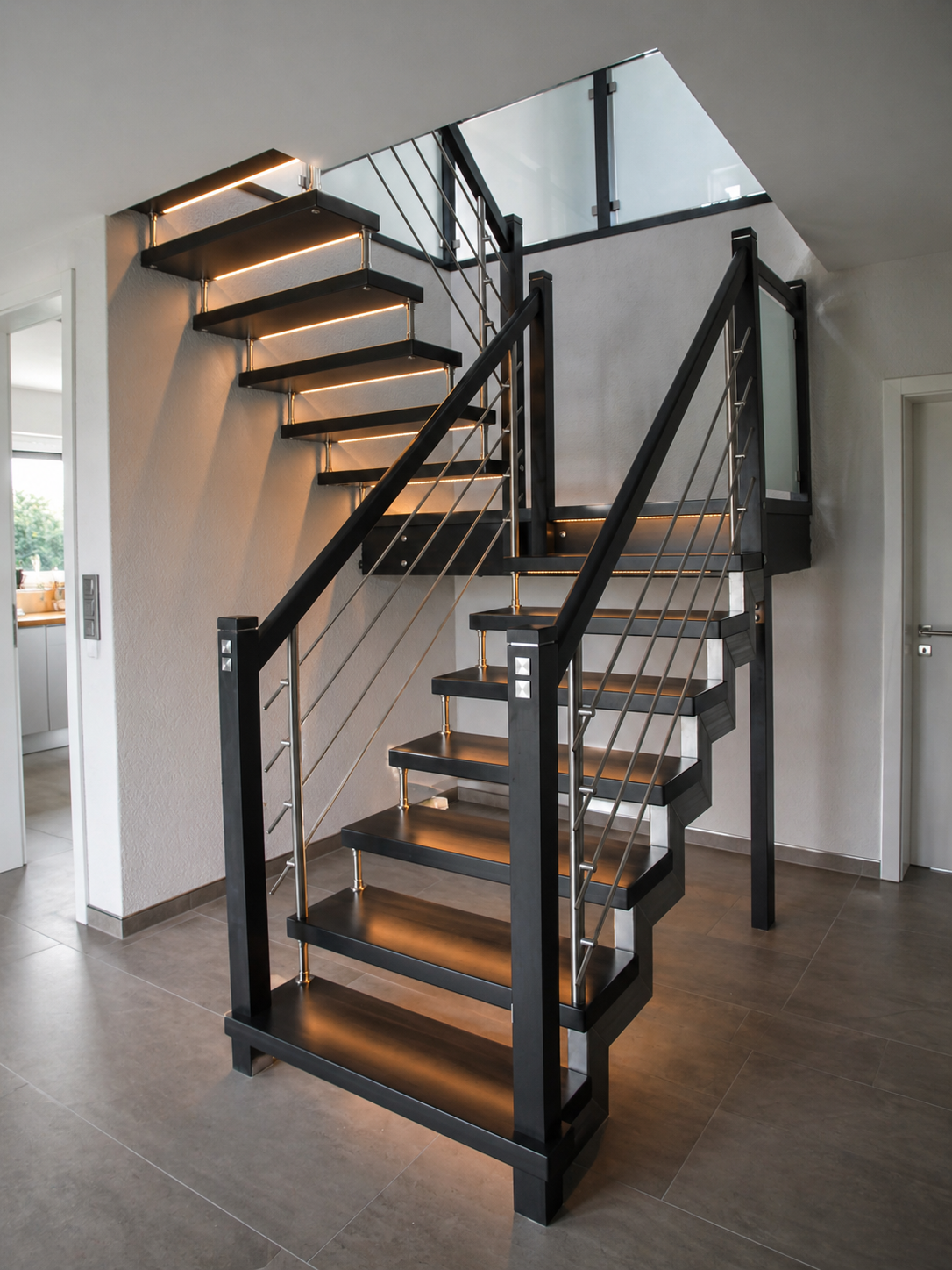 Moderne schwarze Metalltreppe mit Holzstufen und Edelstahlgeländer in einem hellen Wohnzimmer.
