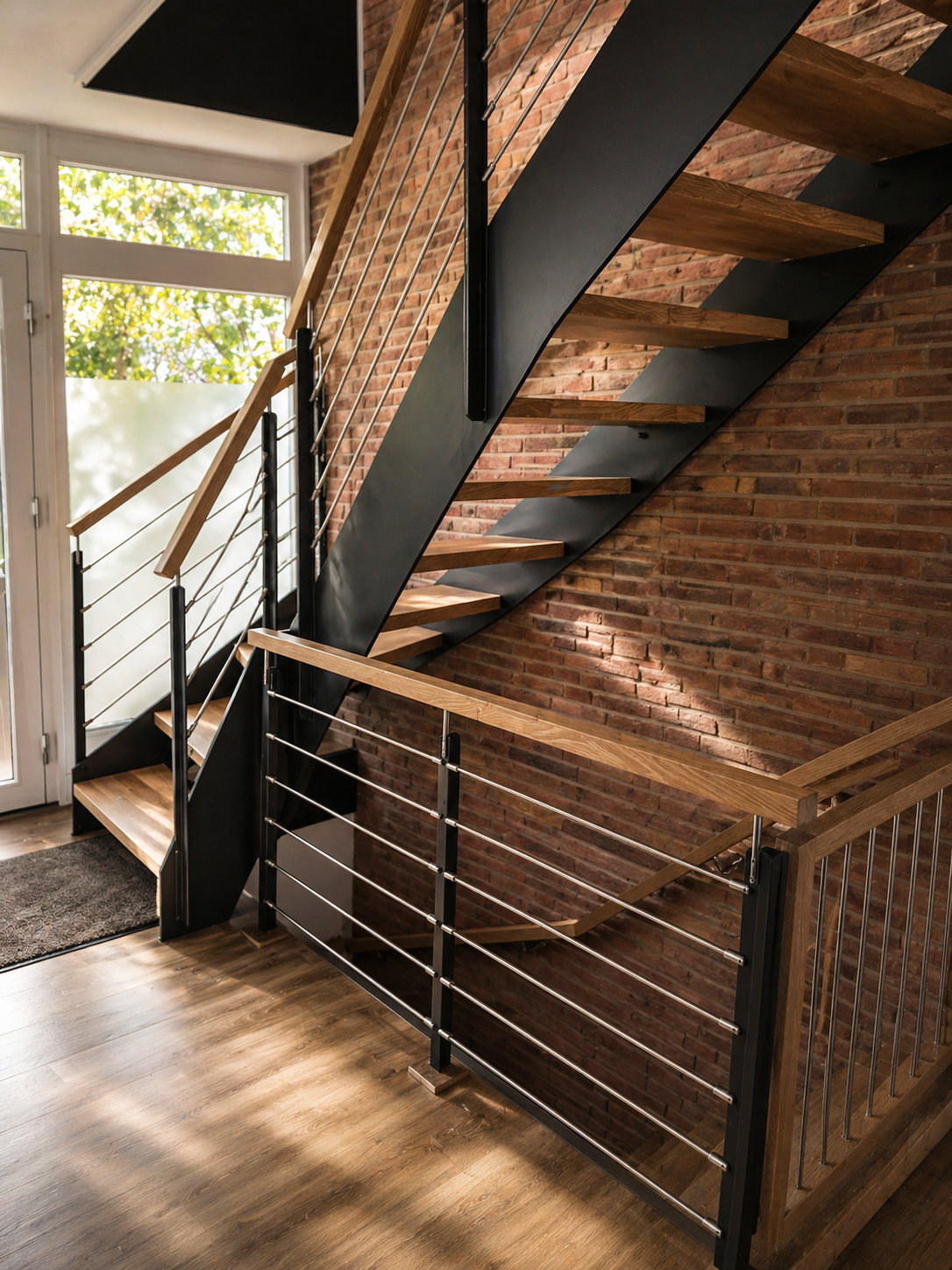Moderne Treppen mit Holzstufen und Metallgeländer in einem Haus mit Backsteinwand. Das Haus hat große Fenster, die Tageslicht hereinlassen.