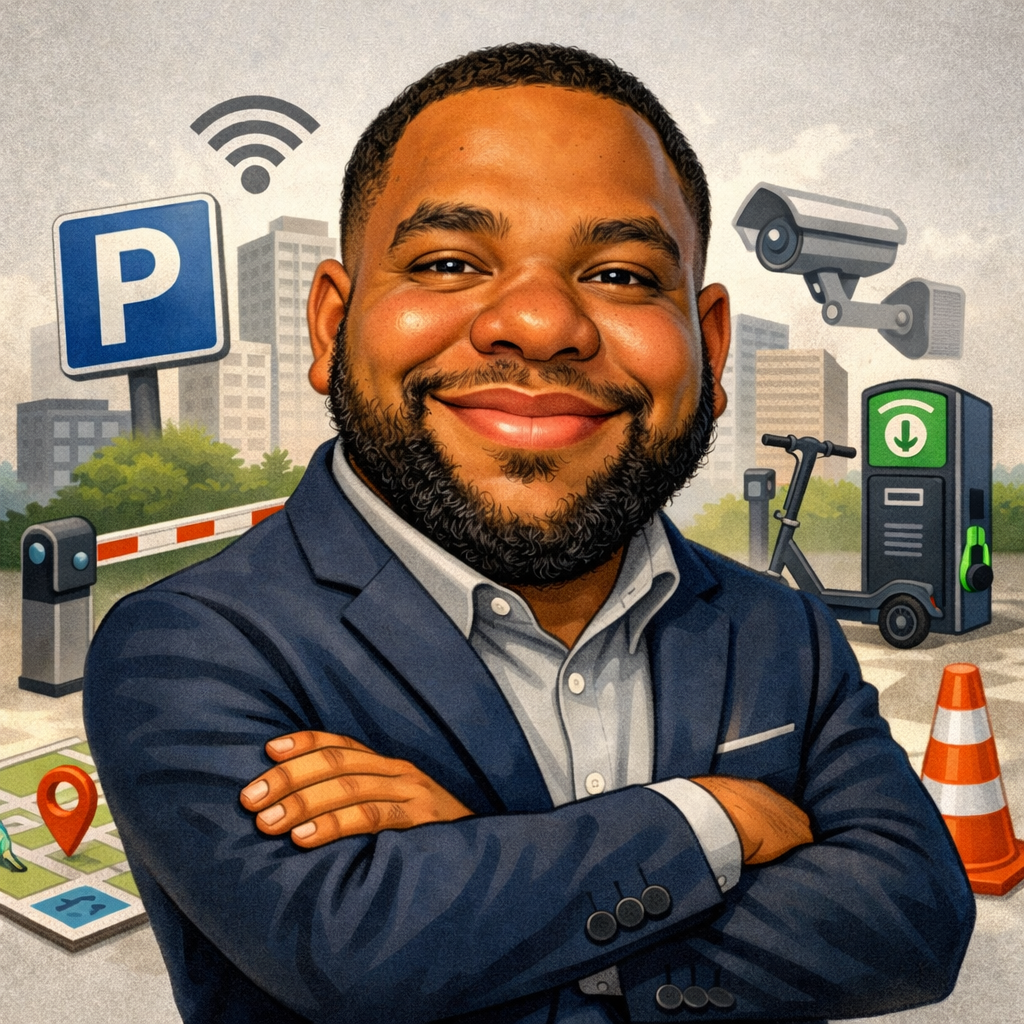 Digital illustration of a confident man in a suit with arms crossed, standing outdoors in an urban area with parking signs, security camera, electric scooter, parking meter, traffic cone, and a city skyline in the background.