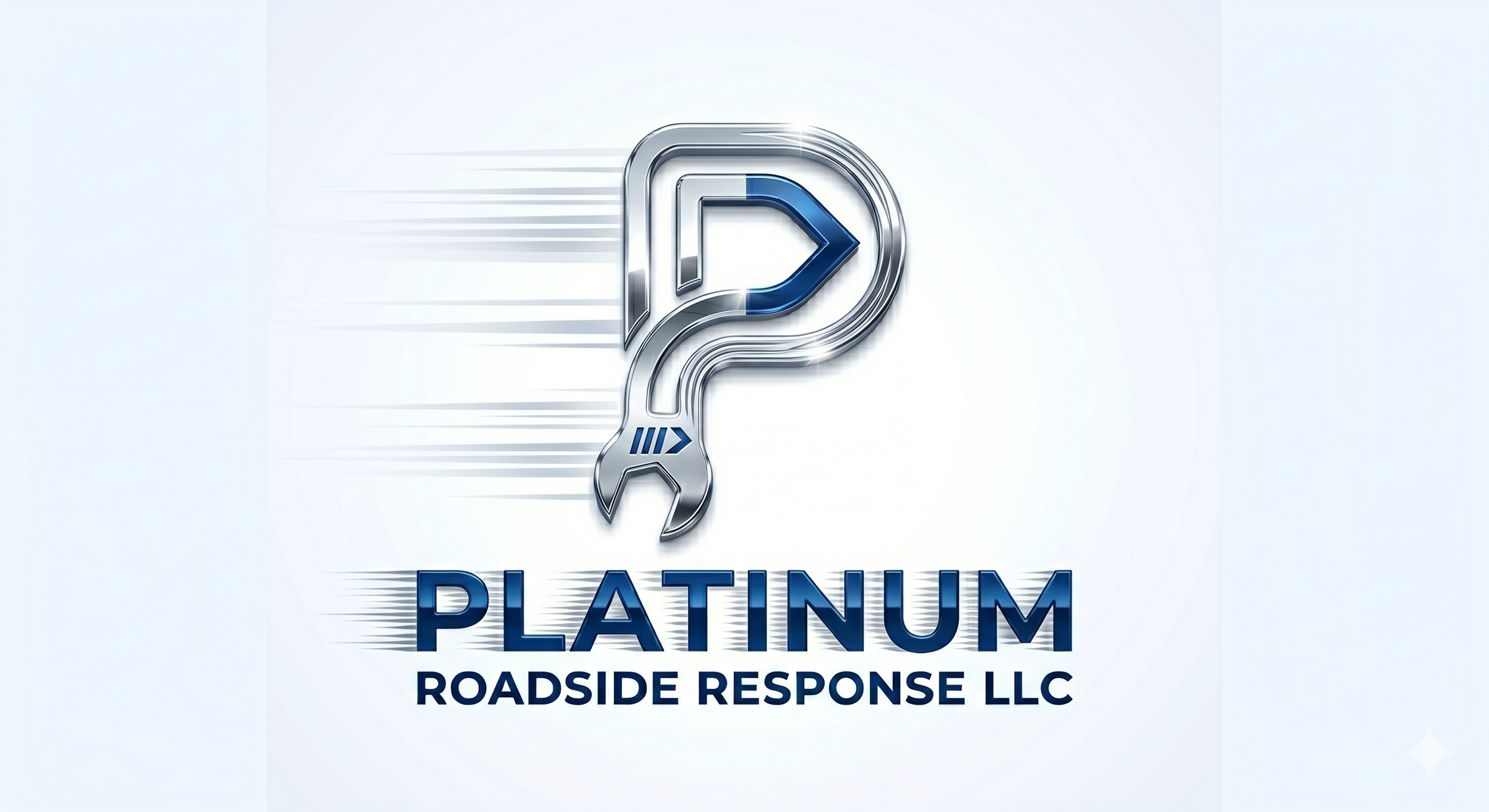 A logo for Platinum Roadside Response LLC featuring a metallic wrench with a blue arrow pointing to the right forming the letter P, with streaks indicating motion, and text 'PLATINUM ROADSIDE RESPONSE LLC' below in blue.