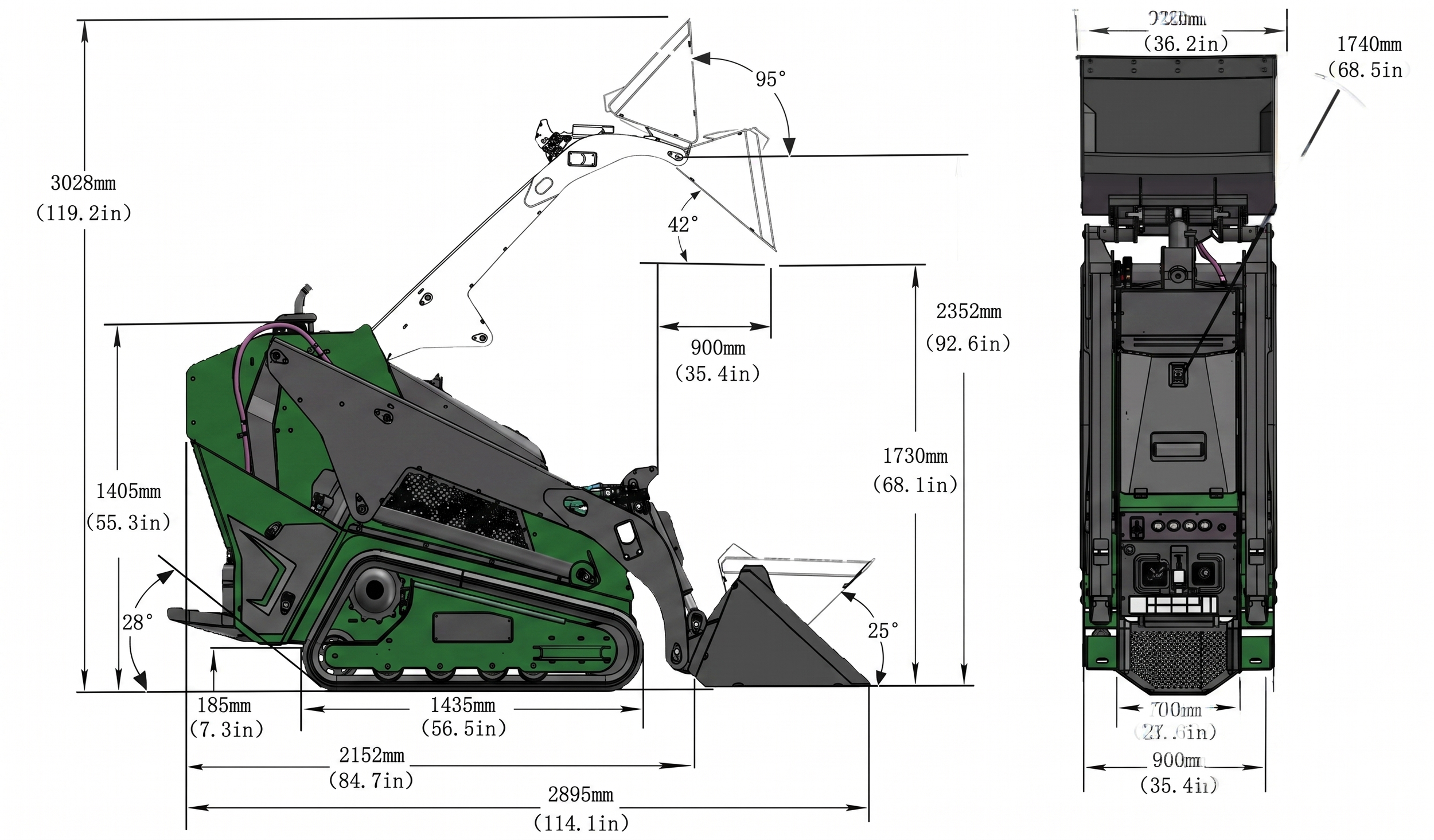 Technical drawing of a tracked machine with measurements and angles, showing side and front views.