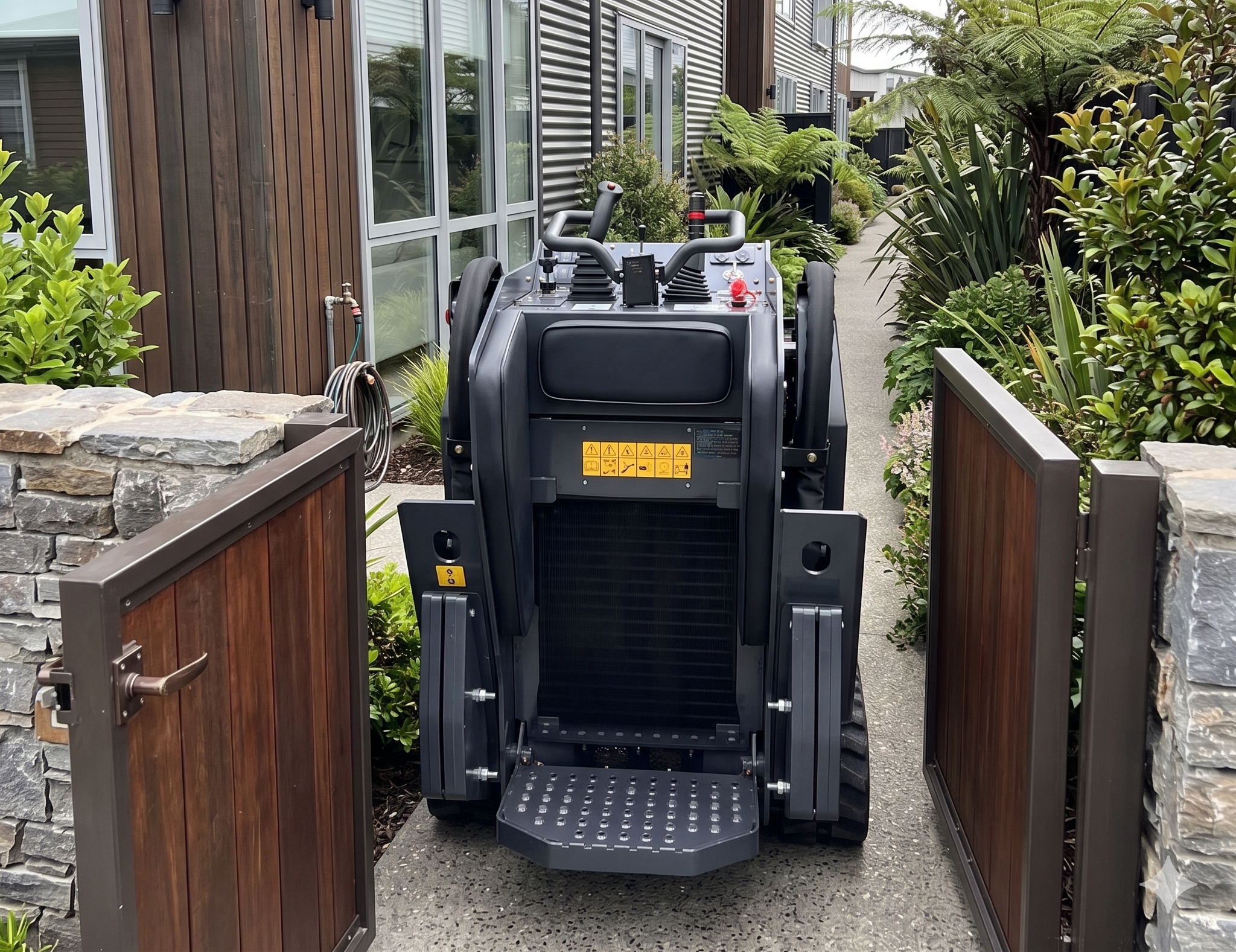 A mobility scooter parked at the open gate of a fenced garden pathway, surrounded by lush green plants and shrubs.