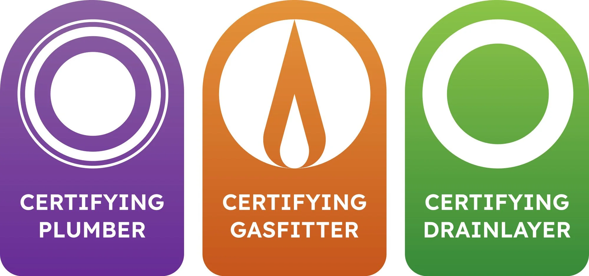 Three certification badges in purple, orange, and green. The purple badge says 'Certifying Plumber,' the orange one says 'Certifying Gasfitter,' and the green one says 'Certifying Drainlayer.'