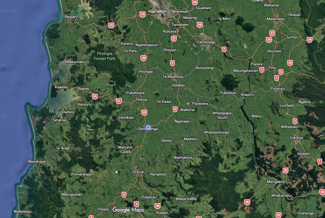 Map of King Country and Waikato region in the central North Island of New Zealand