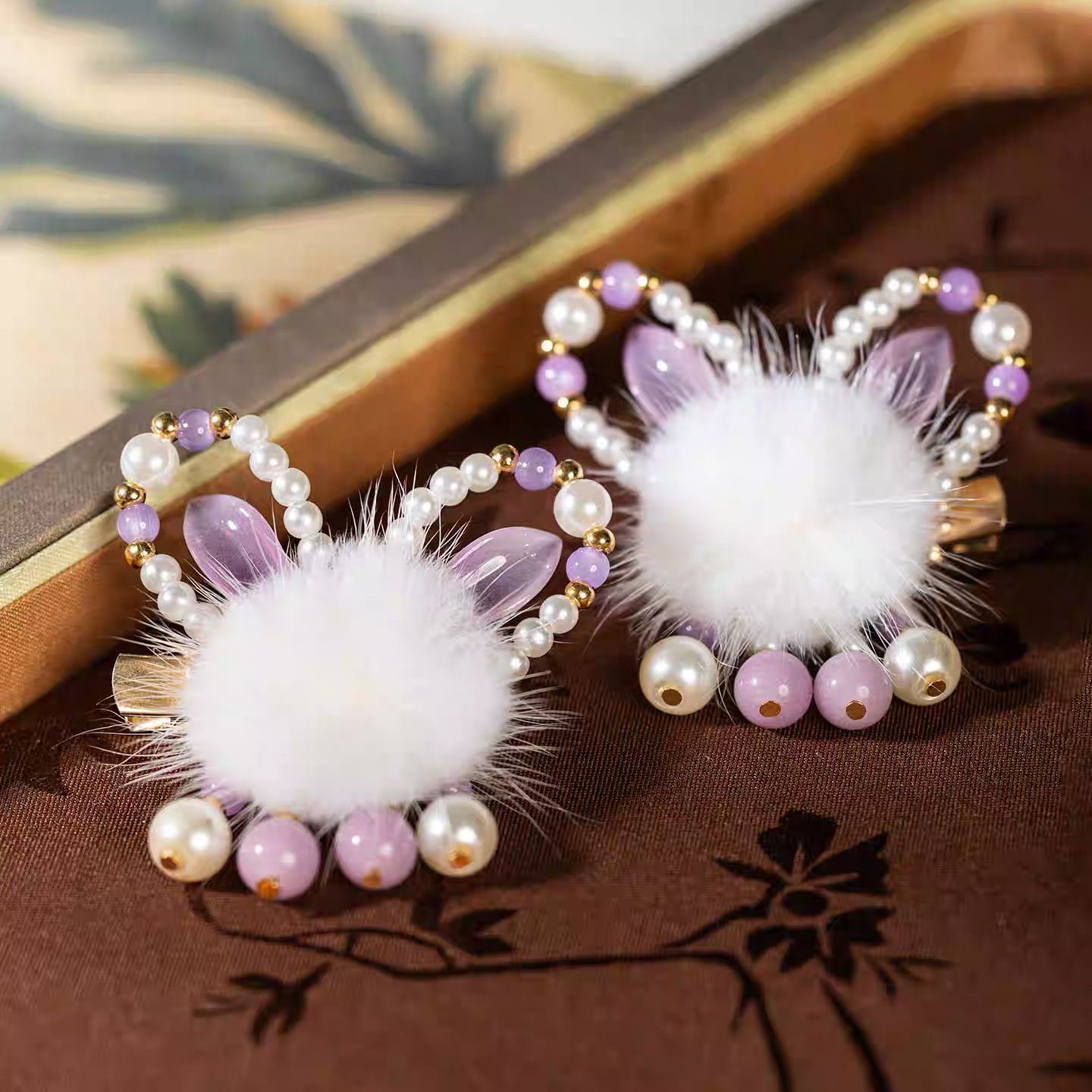 Rabbit Ear Pom-pom Hair Clip Pair with Purple Pearls