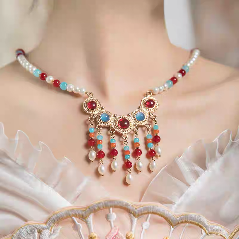 Pearl Necklace with Red and Blue Ring Face Pendant
