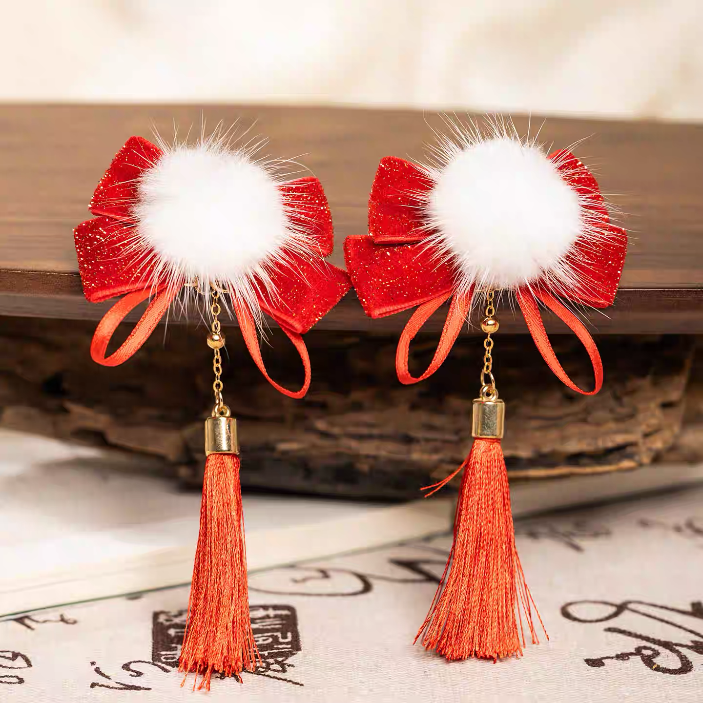 Hair Clip Pair with Red Bow and Pom-poms