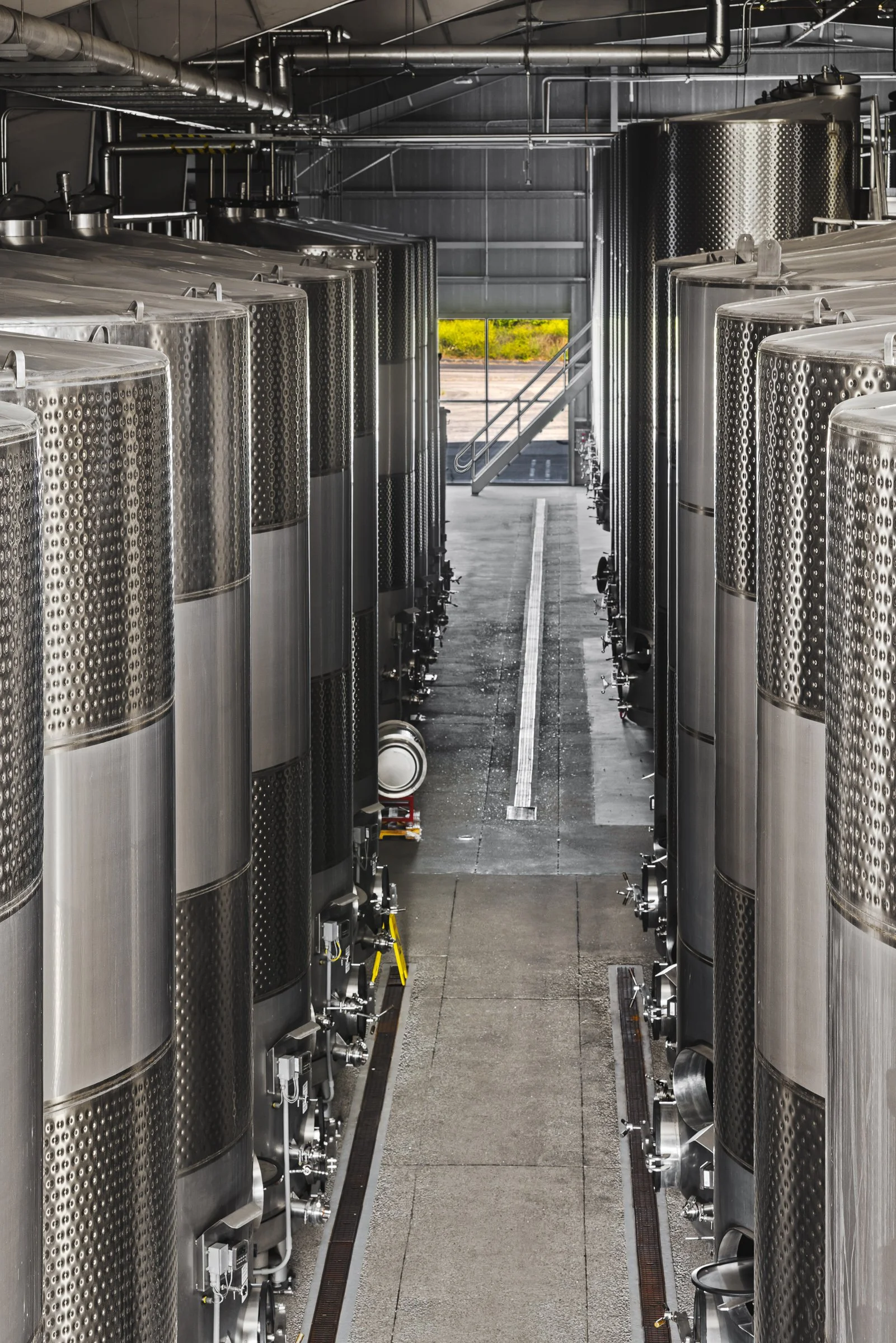 Wine production facility with stainless steel tank capacity.
