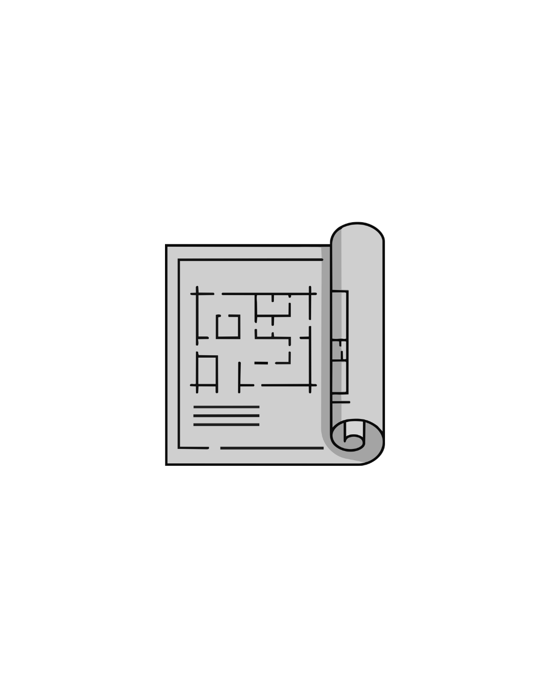 A rolled-up blueprint or floor plan with architectural drawings and measurements on a black background.