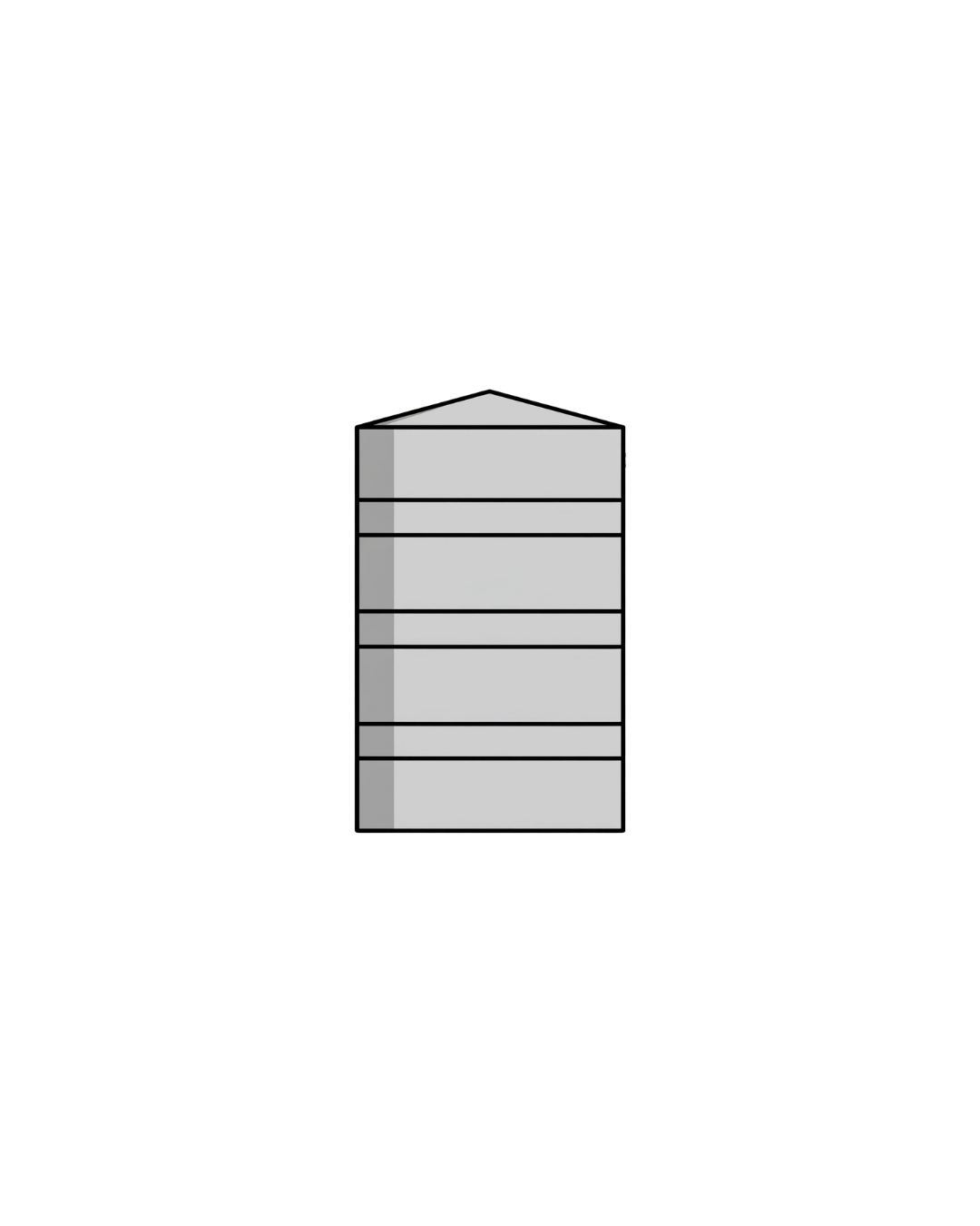 Diagram of a building with with labeled vertical sections indicating a three-part structure.
