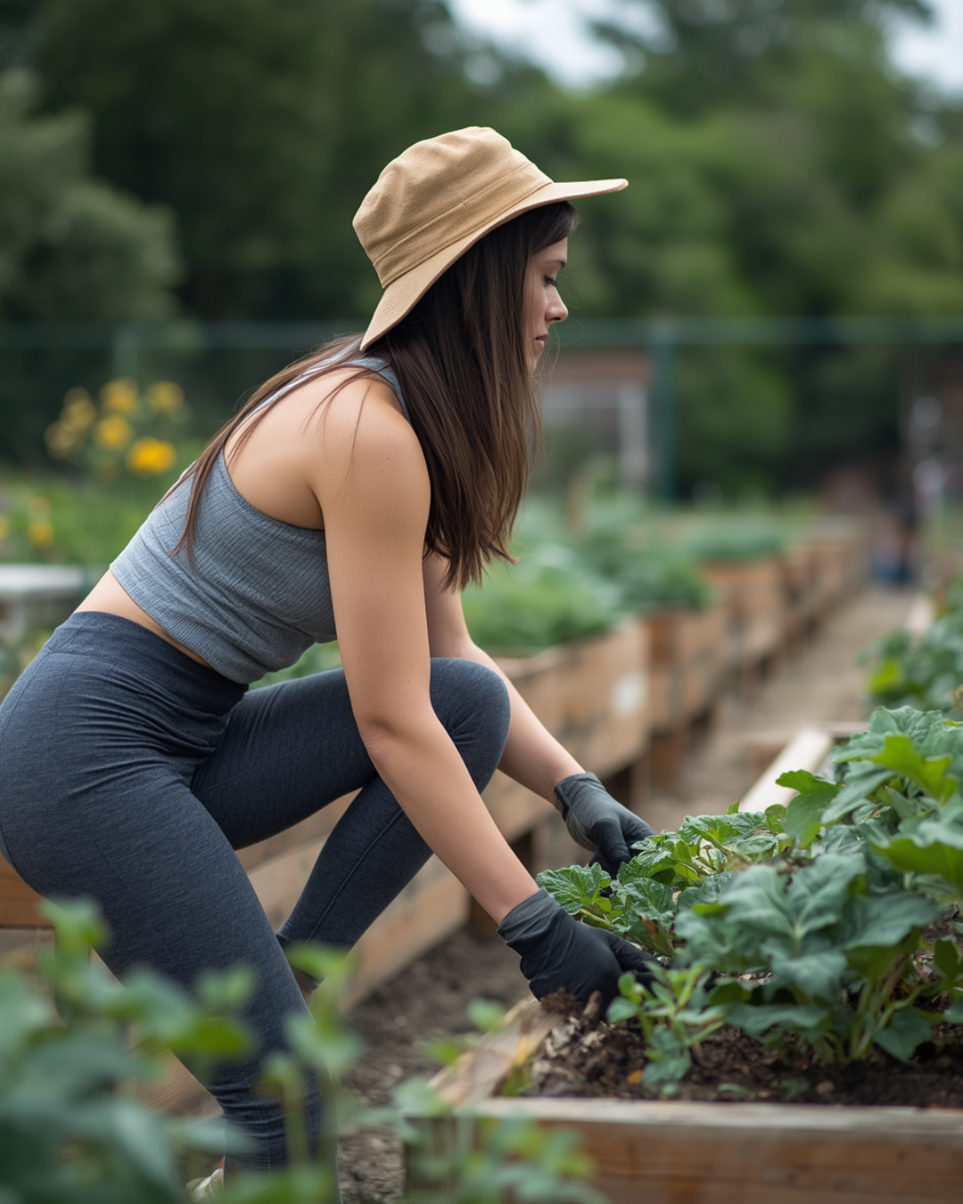 Young woman gardening in an outdoor vegetable garden, wearing a sun hat, tank top, leggings, and gloves, tending to plants.