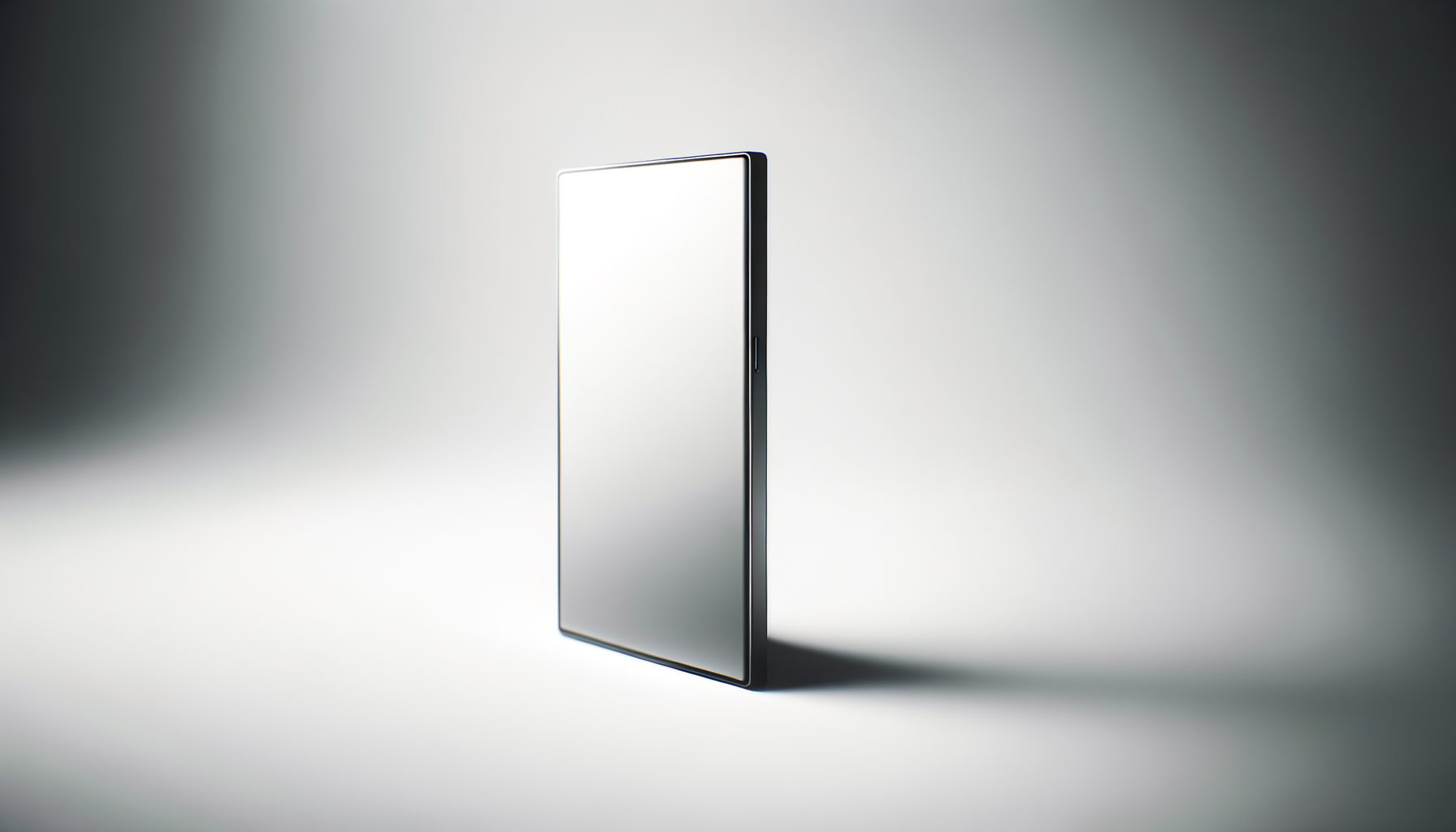 A modern smartphone with a slim profile and a large, blank screen, standing upright on a white surface with a gradient background.