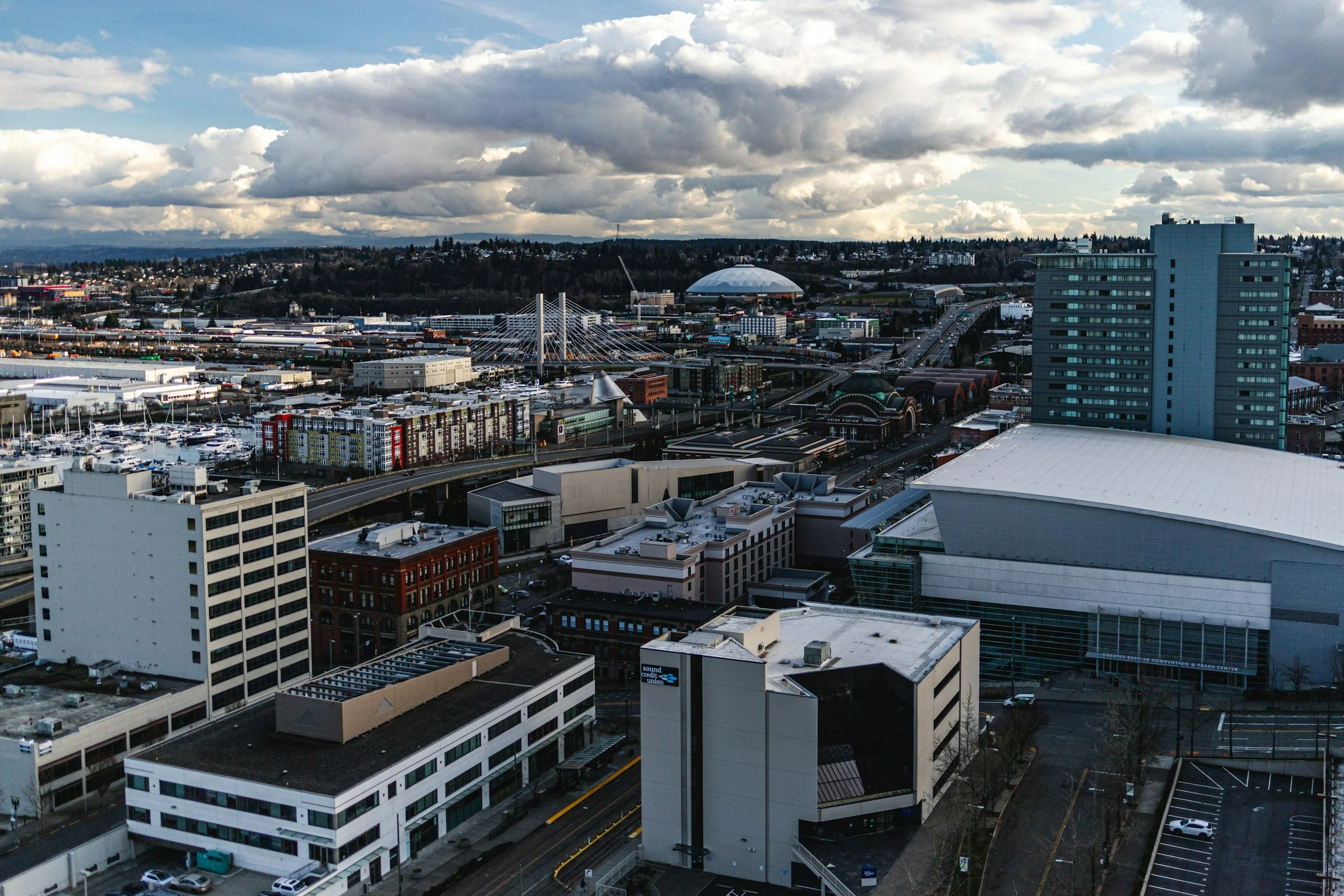 A cityscape with tall buildings, a suspension bridge, a domed stadium, and a cloudy sky.