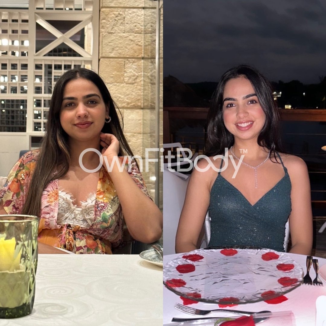 Split-screen photo of a young woman with long dark hair. On the left, she is indoors at a restaurant, wearing a floral dress, with a glass of water in front of her. On the right, she is outdoors at night, wearing a dark green dress with spaghetti straps, smiling with a plate decorated with red hearts in front of her.