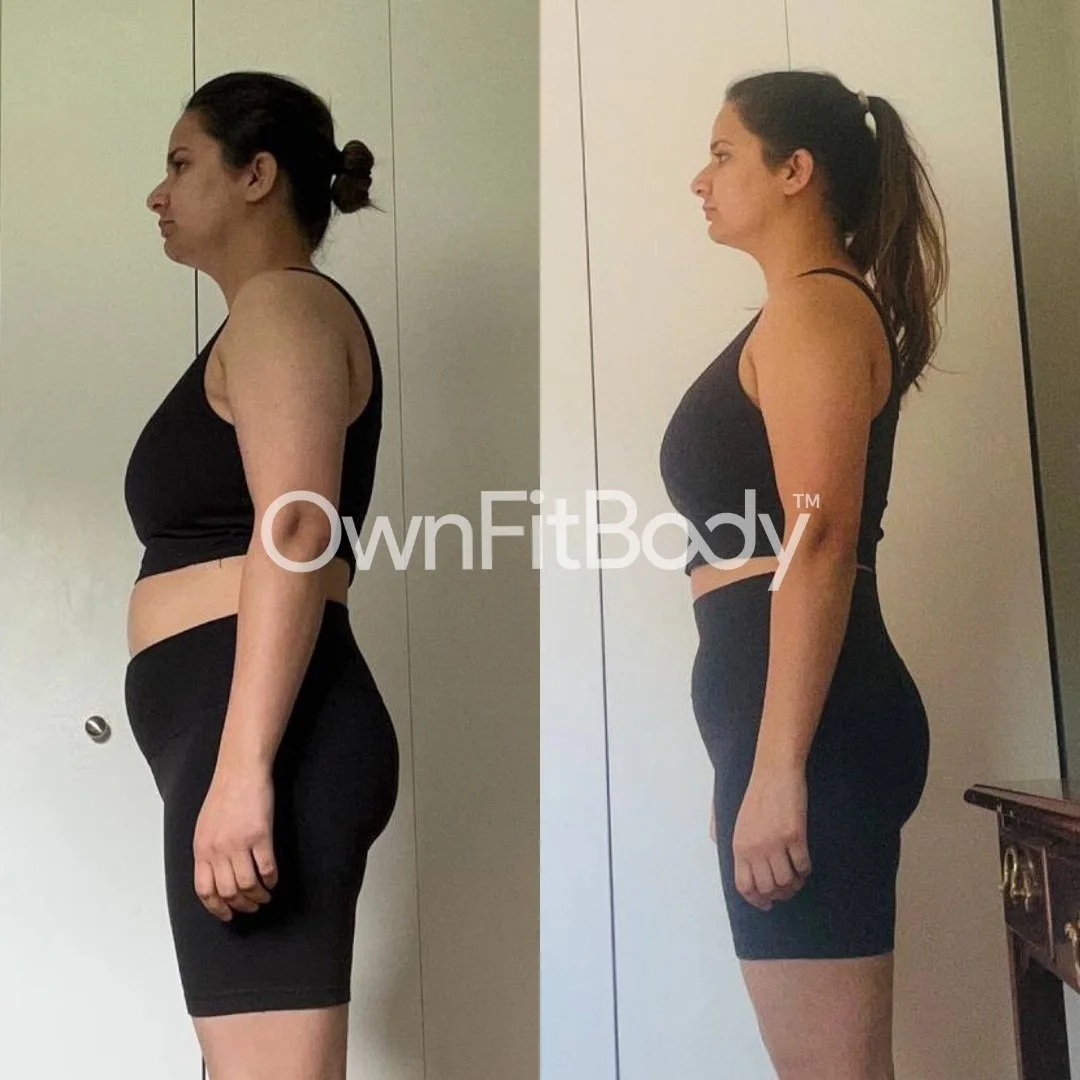Side-by-side comparison of a woman in workout clothes, showing before and after progress with noticeable body transformation.